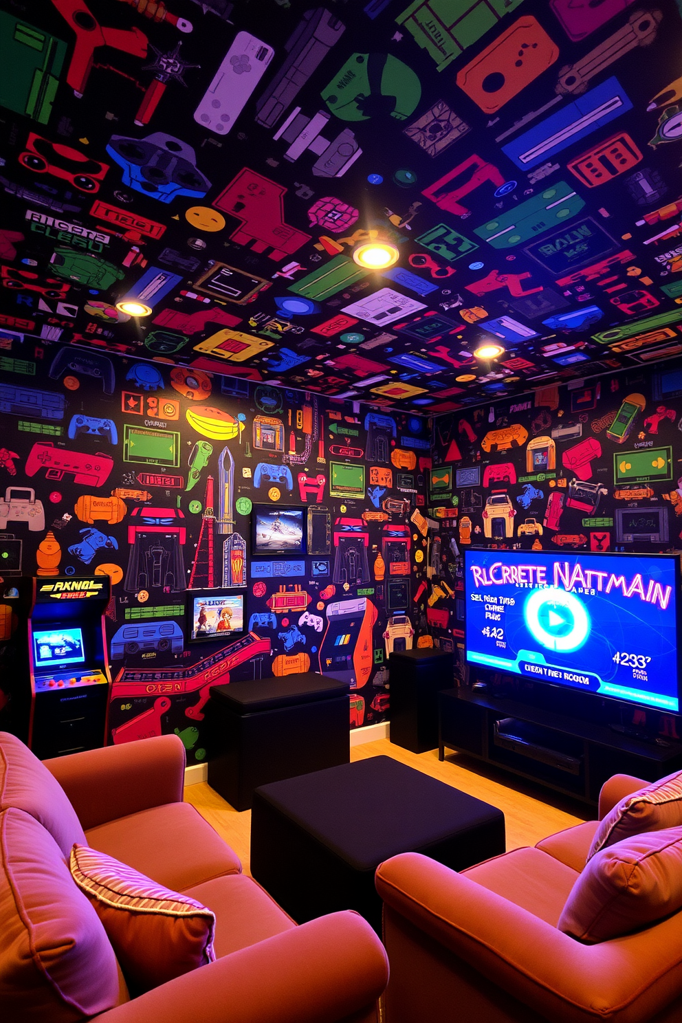 A cozy game room featuring walls adorned with vibrant game-themed wallpaper showcasing classic arcade games and modern consoles. The room includes plush seating and a large screen for gaming, with ambient lighting that creates an inviting atmosphere.