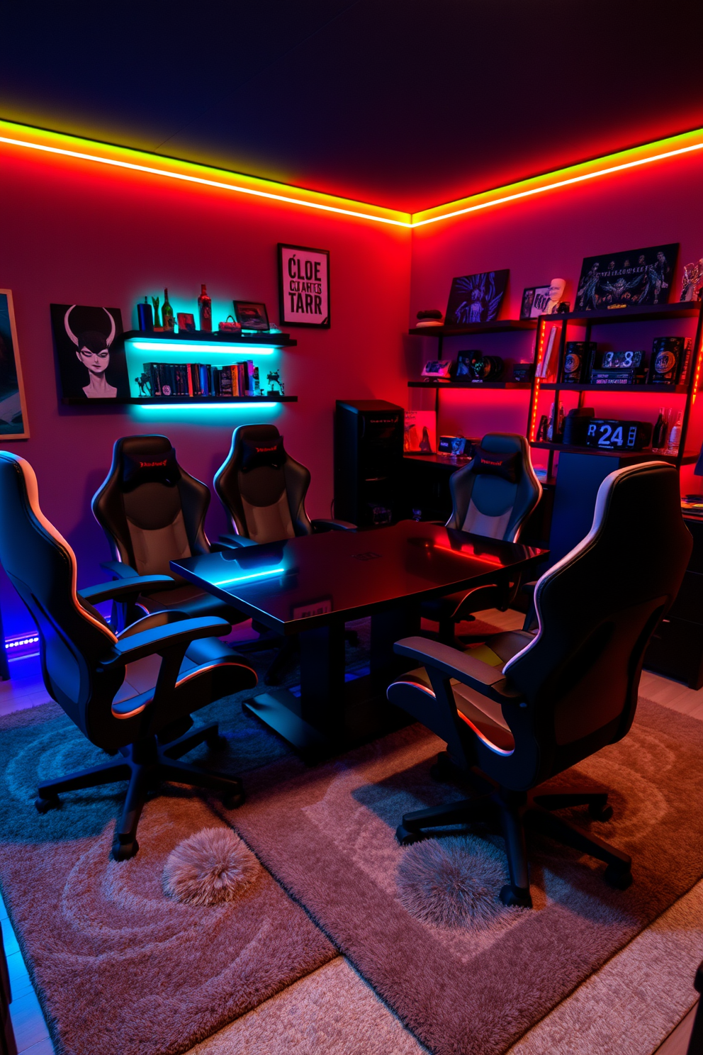 Comfortable gaming chairs with lumbar support are arranged around a sleek black gaming table. The walls are adorned with vibrant LED lighting, creating an immersive atmosphere for gaming enthusiasts. Soft rugs cover the floor, providing warmth and comfort during long gaming sessions. Shelves filled with collectibles and gaming memorabilia add a personal touch to the cozy game room.