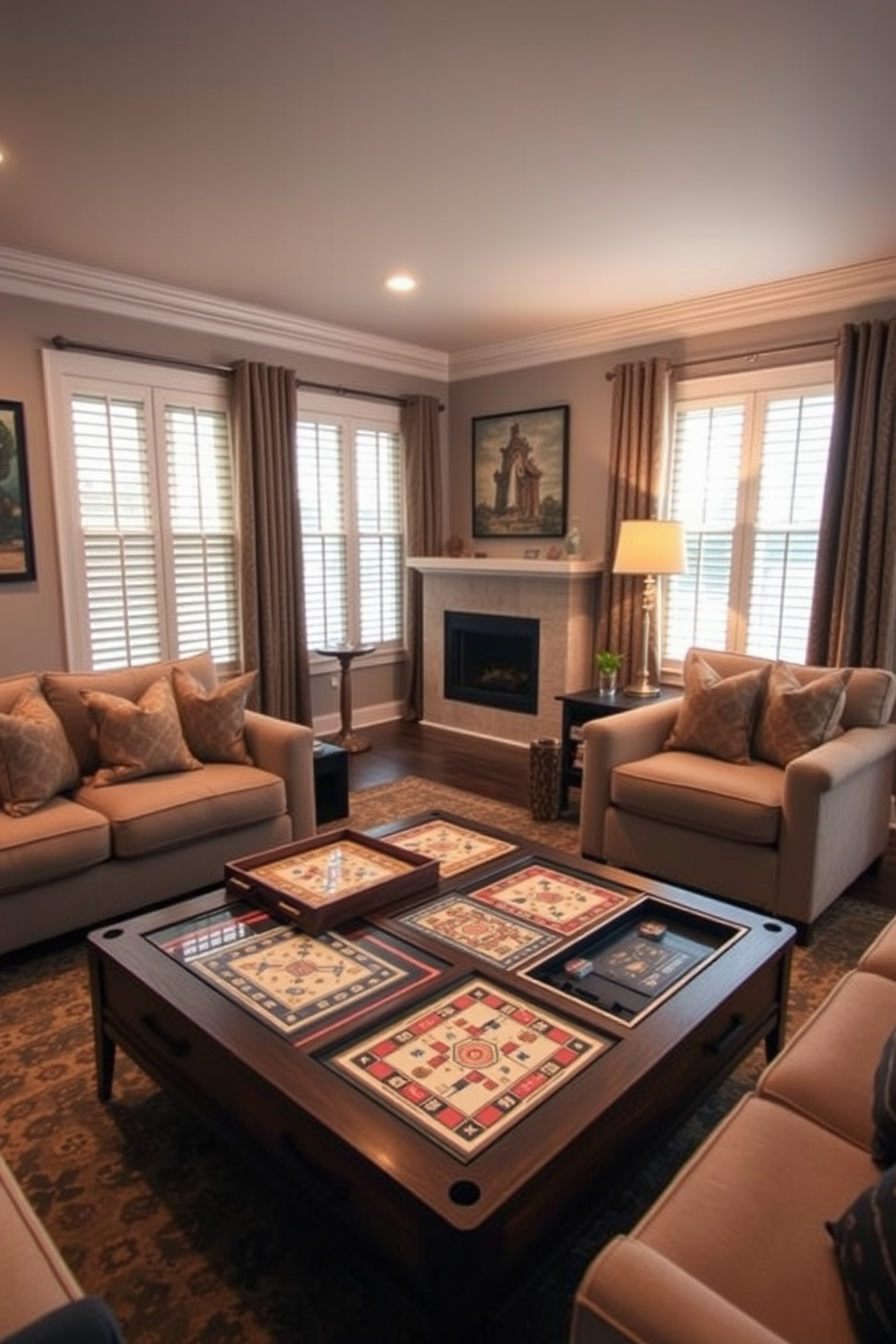 A cozy game room featuring a stylish coffee table that has built-in board games. The room is adorned with comfortable seating and warm lighting, creating an inviting atmosphere for friends and family to gather.