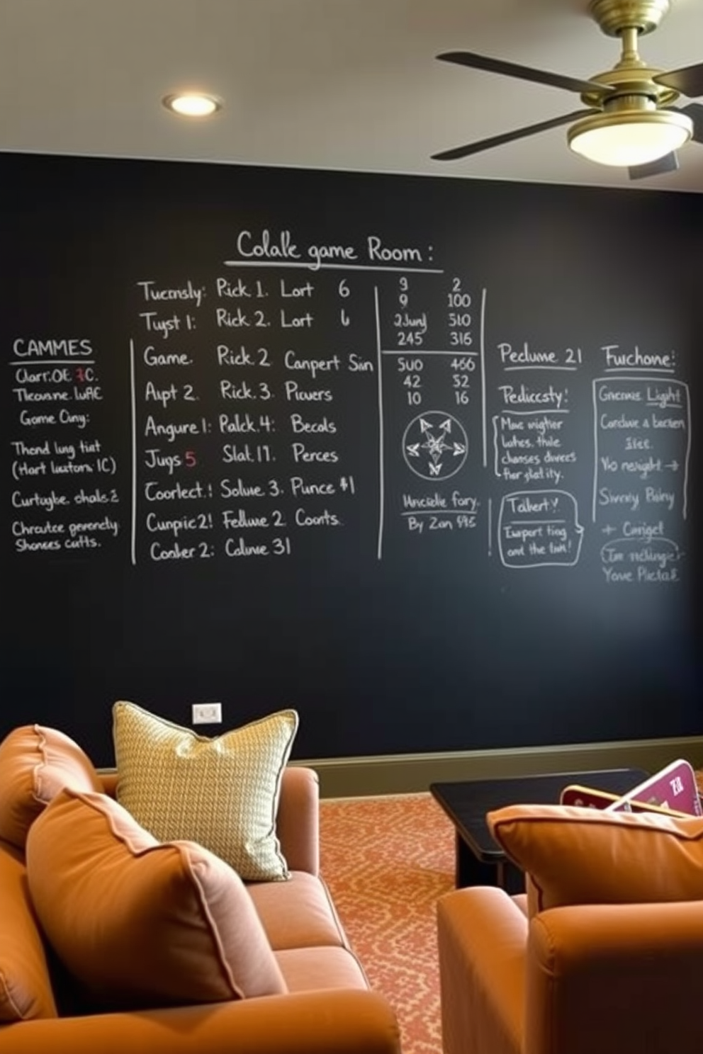 A cozy game room features a chalkboard wall where game scores and notes can be easily updated. Plush seating arrangements create a welcoming atmosphere, inviting friends and family to gather and enjoy game nights together.