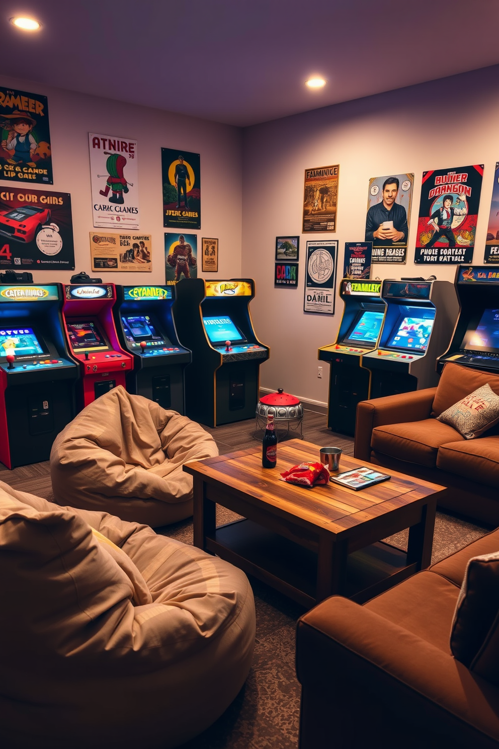 A cozy game room filled with vintage arcade machines creates a nostalgic atmosphere. The walls are adorned with retro posters and soft lighting enhances the inviting vibe. Plush seating options like bean bags and a comfortable sofa provide ample space for relaxation. A wooden coffee table holds snacks and drinks, completing the perfect setting for fun and games.