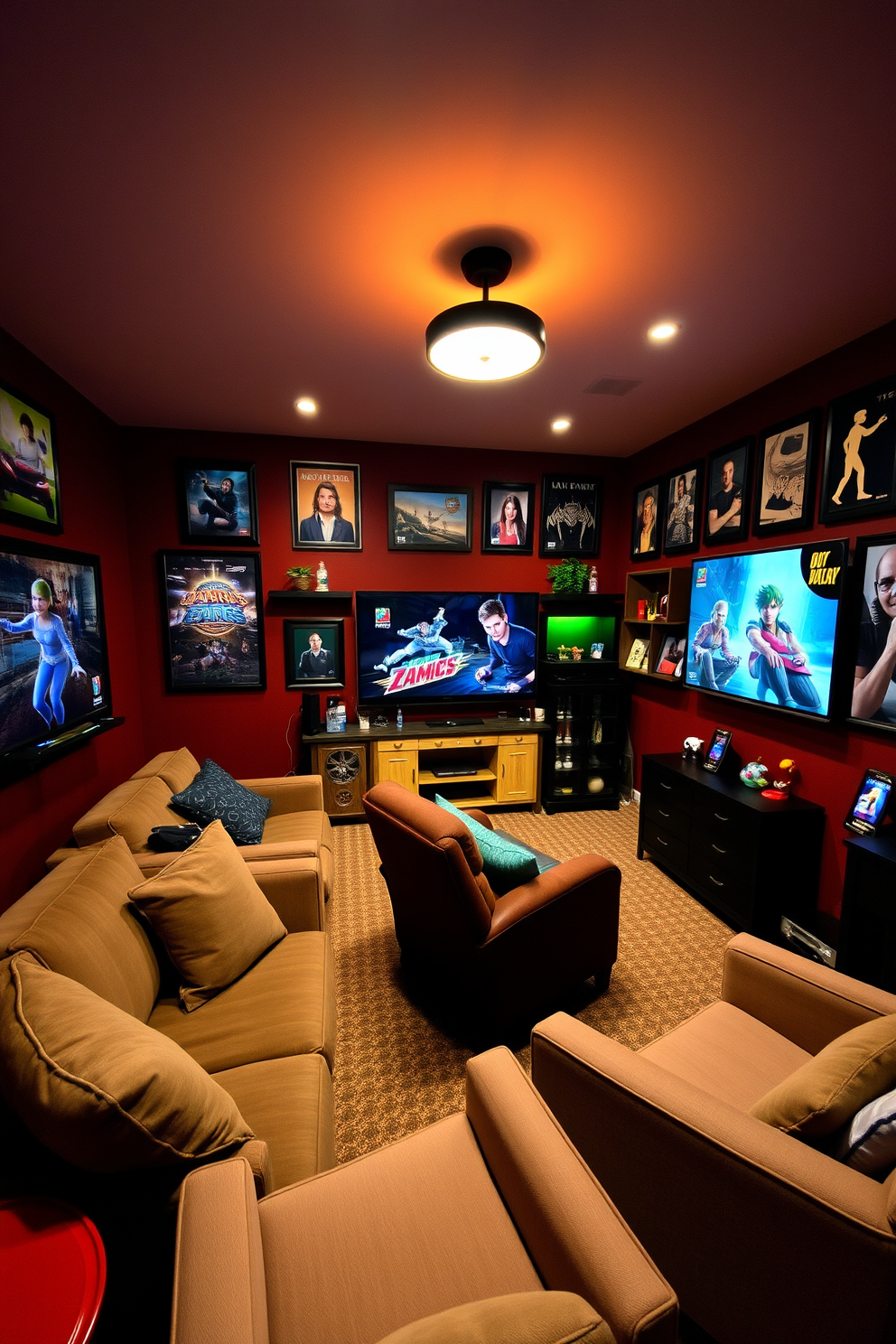 A cozy game room featuring a stylish arrangement of game consoles neatly organized on a sleek wooden shelf. The room is adorned with plush seating, warm lighting, and vibrant wall art that reflects gaming culture.