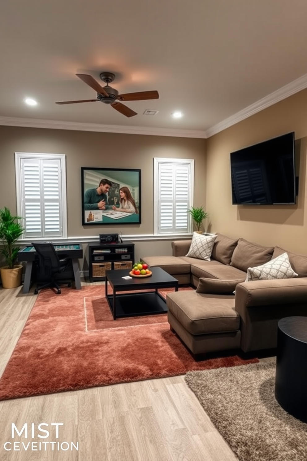 A cozy game room features layered rugs that add warmth and texture to the space. The room is designed with comfortable seating, vibrant artwork, and a mix of ambient and task lighting for an inviting atmosphere.