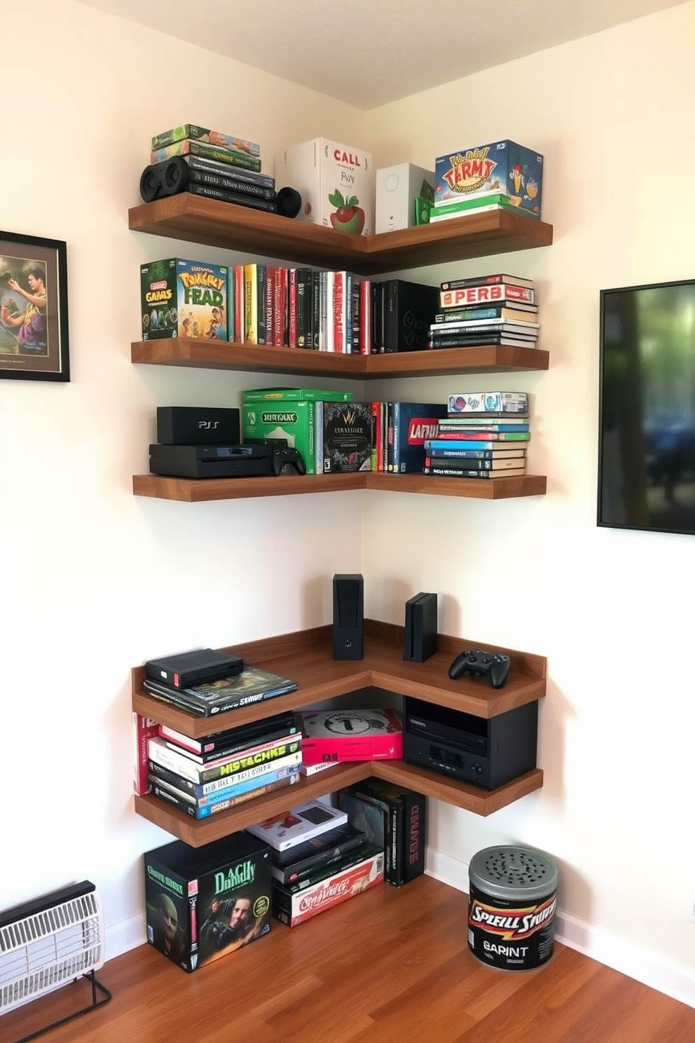 A cozy game room featuring wall-mounted shelves designed for game storage. The shelves are crafted from reclaimed wood and are filled with a variety of board games and video game consoles.