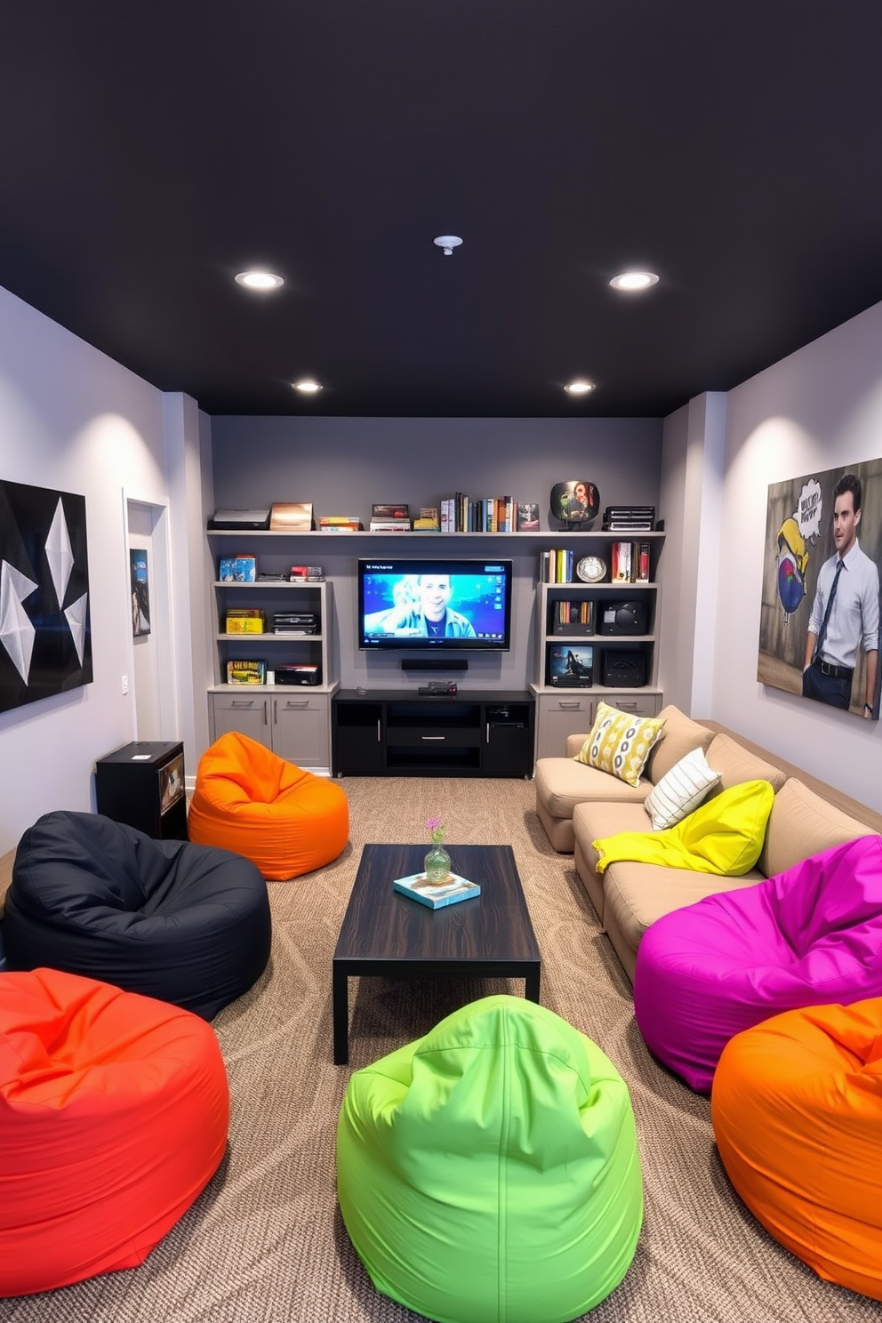 Colorful bean bags in various shapes and sizes are scattered throughout the room, creating a vibrant and inviting atmosphere. The walls are painted in a soft gray, providing a neutral backdrop that enhances the colorful seating options. A large area rug with geometric patterns anchors the space, adding warmth and texture underfoot. A wall-mounted shelf displays an array of board games and gaming consoles, ensuring easy access for spontaneous game nights.