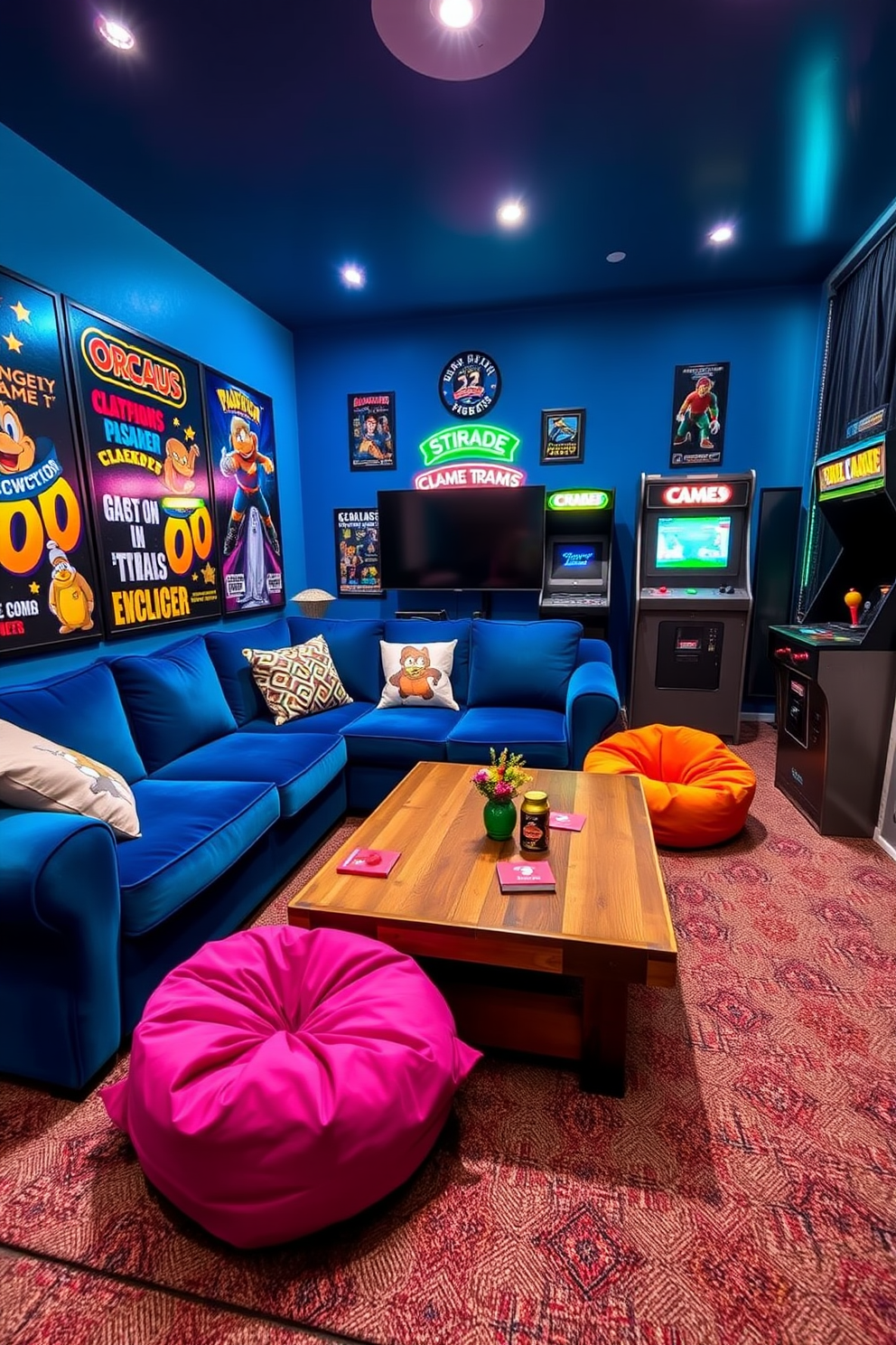 A cozy game room filled with vintage arcade machines creates a nostalgic atmosphere. The walls are adorned with retro posters, and soft ambient lighting enhances the inviting space. Plush seating arrangements invite friends to gather and enjoy classic games. A wooden coffee table holds snacks and drinks, adding to the friendly vibe of the room.