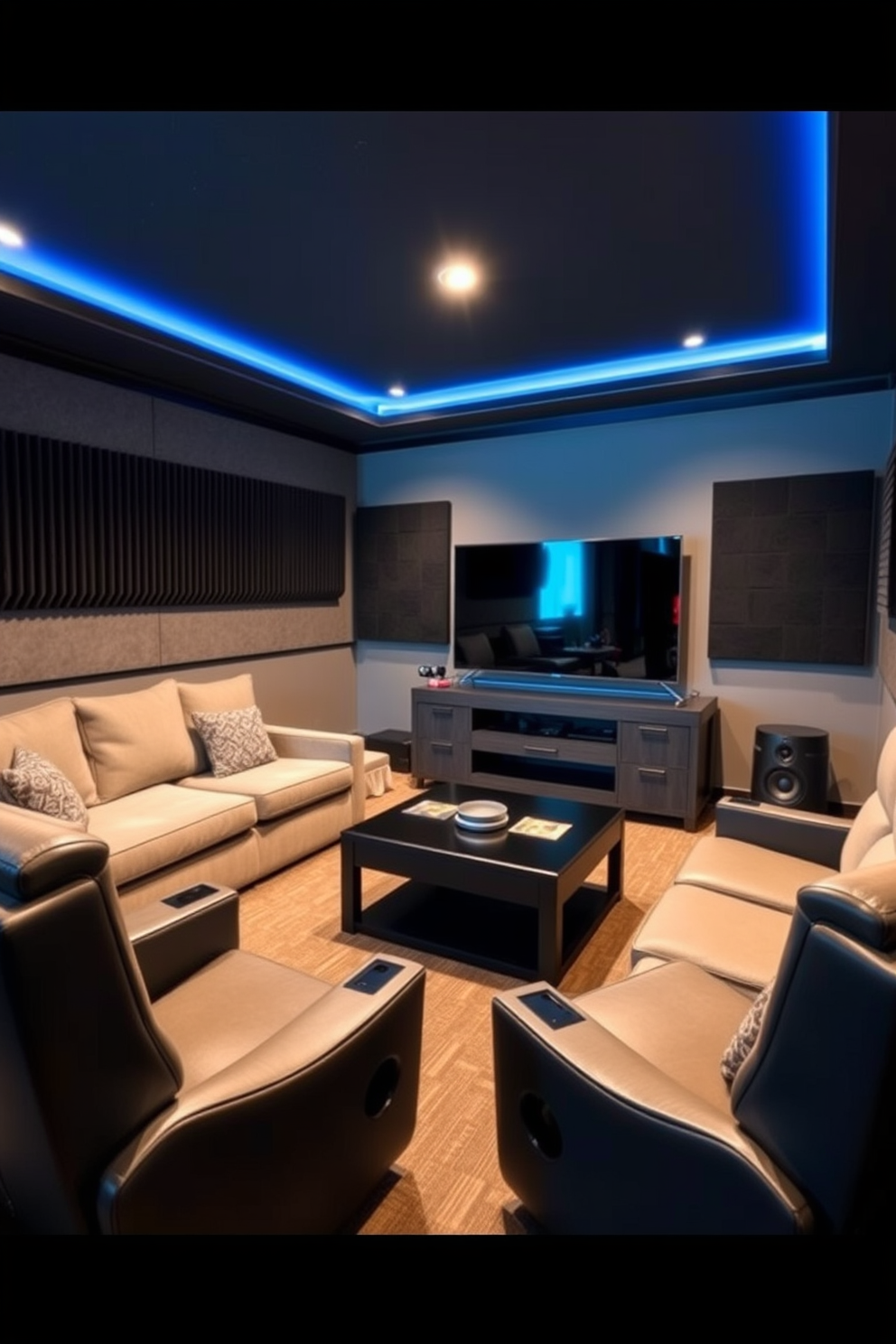 A cozy game room featuring soundproofing panels on the walls to reduce noise. The room includes a plush sectional sofa, a large flat-screen TV, and a coffee table surrounded by comfortable gaming chairs.