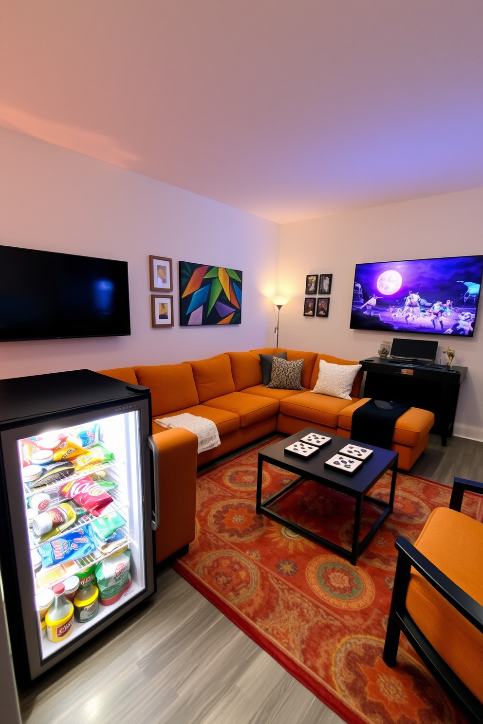 A cozy game room featuring soft throw blankets draped over a large sectional sofa. The walls are painted in a warm taupe color, and a stylish coffee table sits in the center, surrounded by plush area rugs. In one corner, a vintage arcade machine adds a playful touch, while a large flat-screen TV is mounted above a sleek media console. Ambient lighting creates a relaxed atmosphere, perfect for game nights with friends and family.