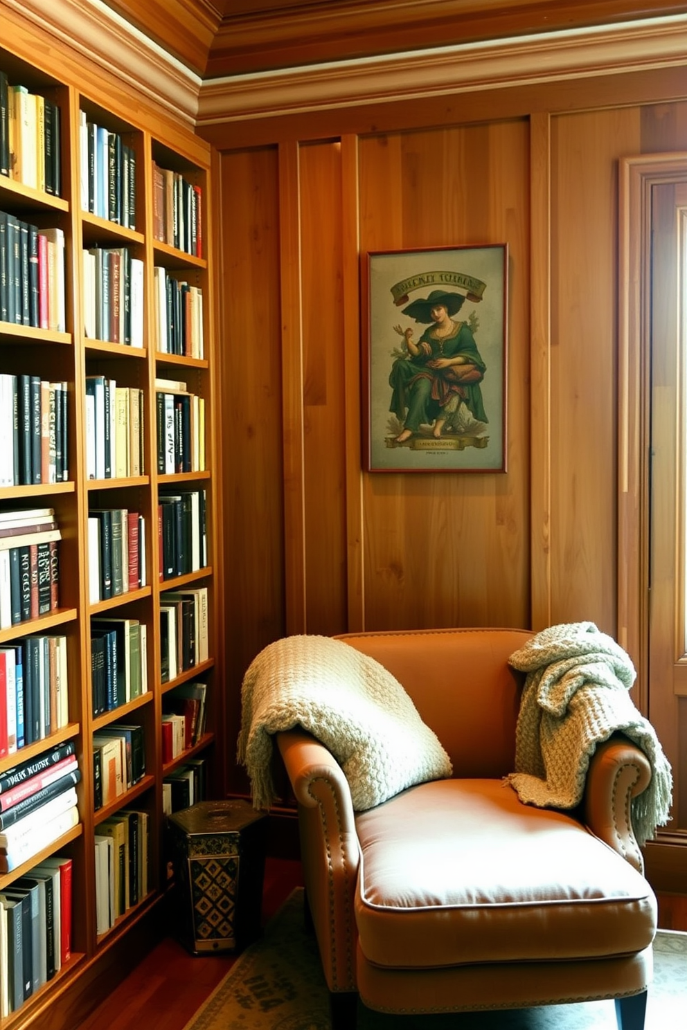 Warm wood shelves lined with books create an inviting atmosphere in the home library. A plush armchair sits in the corner, accompanied by a small side table and a reading lamp for the perfect reading nook.