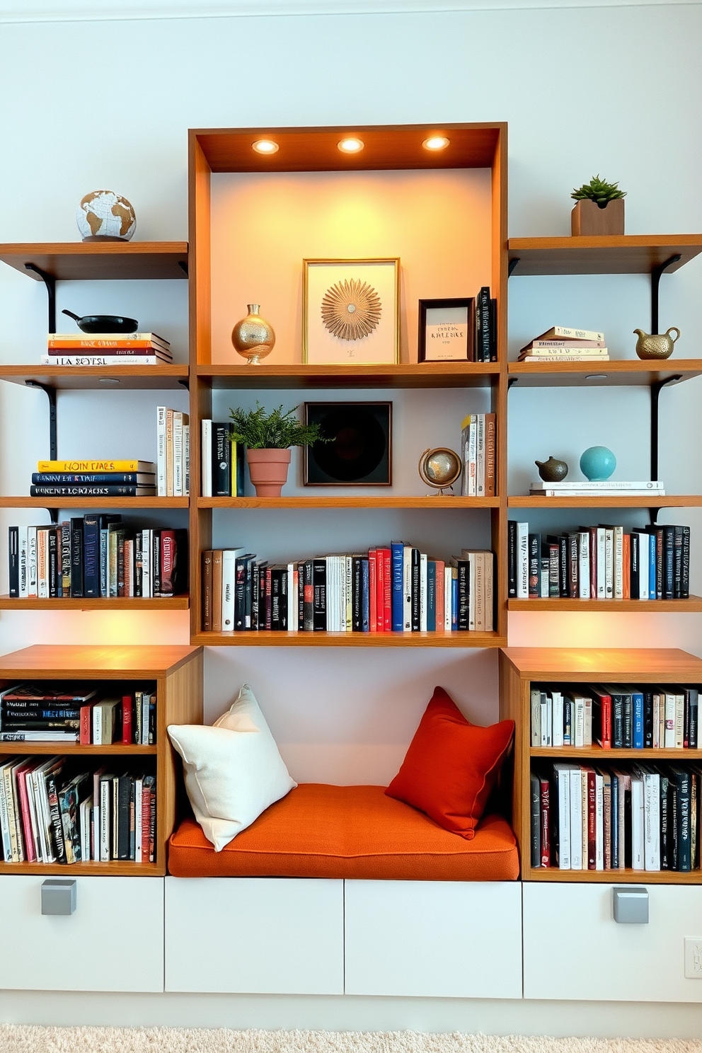 A cozy home library featuring wall-mounted shelves that create a modern appeal. The shelves are filled with an array of books and decorative items, with a comfortable reading nook nestled beneath them.