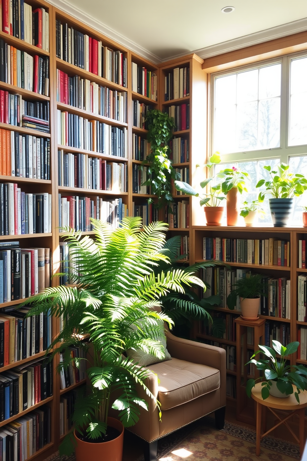 A cozy home library filled with natural light. There are floor-to-ceiling bookshelves lined with a variety of books, and a comfortable reading nook with a plush armchair and a small side table. Green plants are strategically placed throughout the space to create a fresh atmosphere. A large fern sits in the corner, while smaller potted plants adorn the bookshelves, adding a touch of nature to the room.