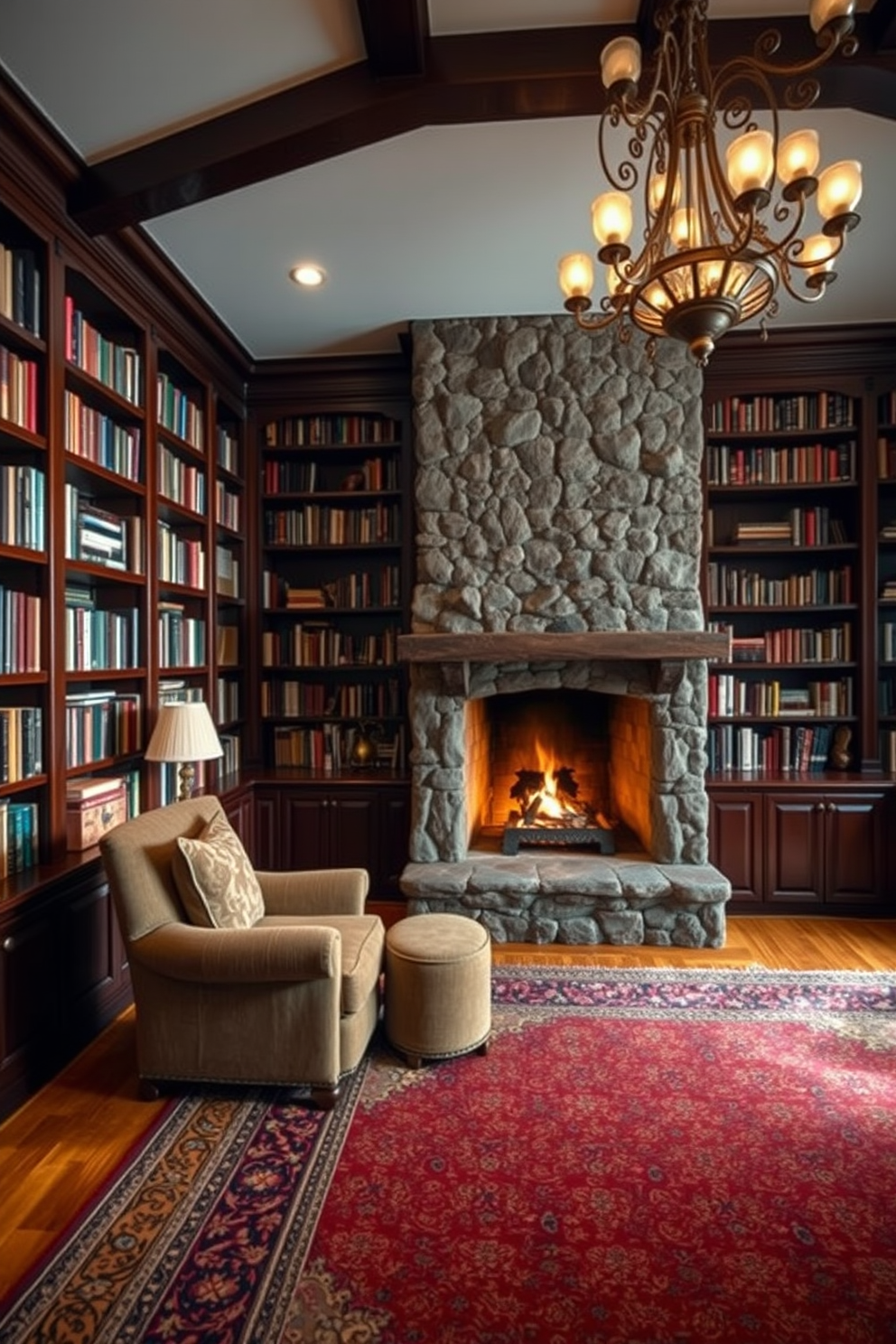 A cozy home library featuring a large stone fireplace as the focal point. The walls are lined with dark wooden bookshelves filled with books, and a plush armchair is positioned near the fire for comfortable reading. Soft, warm lighting creates an inviting atmosphere, with a vintage chandelier hanging from the ceiling. A rich, patterned area rug covers the hardwood floor, adding warmth and texture to the space.