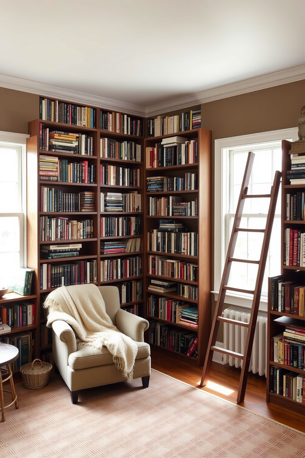 A cozy home library featuring floor-to-ceiling bookshelves filled with an eclectic mix of books. A plush reading nook with a large armchair and a soft throw blanket is positioned beside a window, allowing natural light to flood the space. The walls are painted in a warm taupe color, creating an inviting atmosphere. A vintage wooden ladder leans against the shelves, adding charm and functionality to the room.