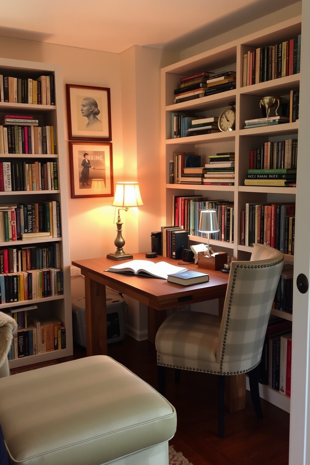 A cozy reading corner featuring a plush armchair upholstered in a soft fabric. A sleek floor lamp stands beside the chair, casting a warm glow over a small side table stacked with books. The walls are lined with built-in bookshelves filled with an eclectic mix of literature and decorative items. A soft area rug anchors the space, adding an inviting touch to the wooden floor.