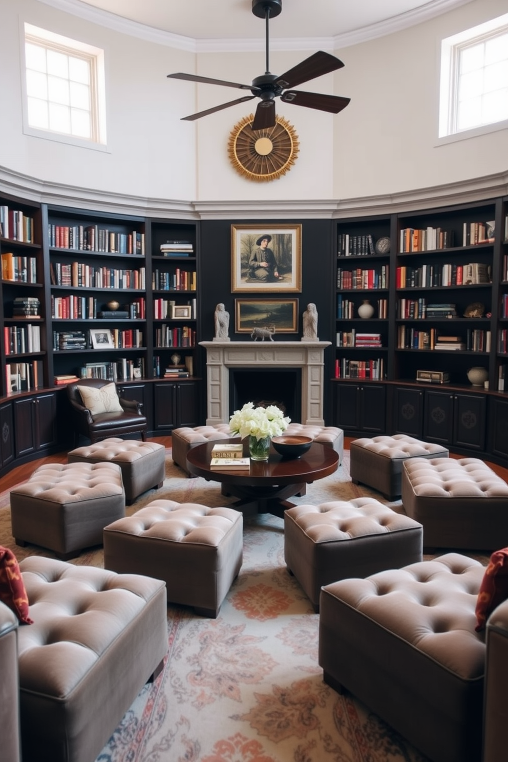 A cozy home library features plush ottomans arranged around a central coffee table. The walls are lined with built-in bookshelves filled with books and decorative items, creating an inviting atmosphere.