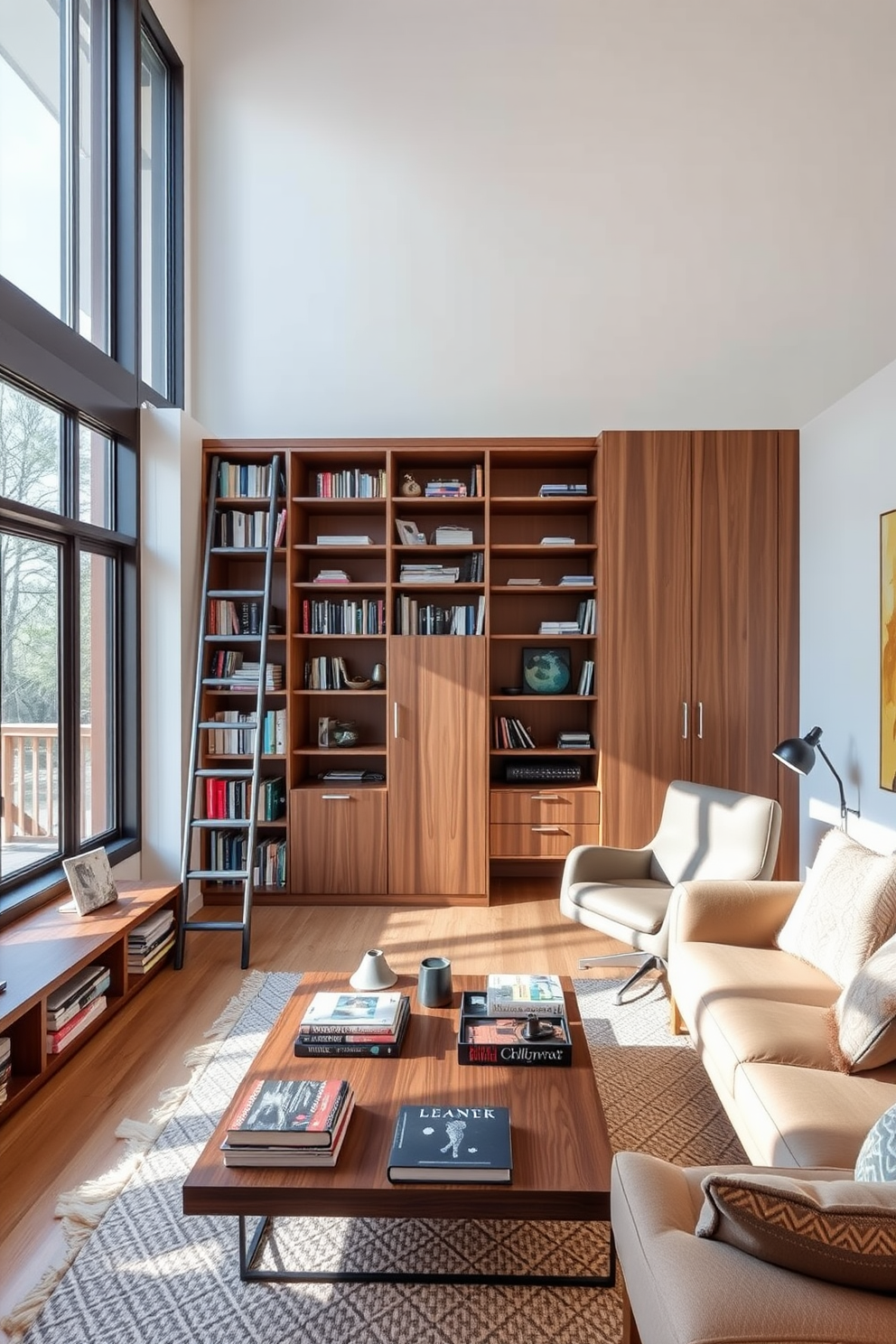 A cozy home library featuring multifunctional furniture that maximizes space and functionality. The room includes a sleek bookshelf that doubles as a sliding ladder and a comfortable reading nook with an adjustable armchair. Natural light floods the space through large windows, complemented by warm wooden accents throughout. A stylish coffee table serves as both a workspace and a display for books and decorative items.