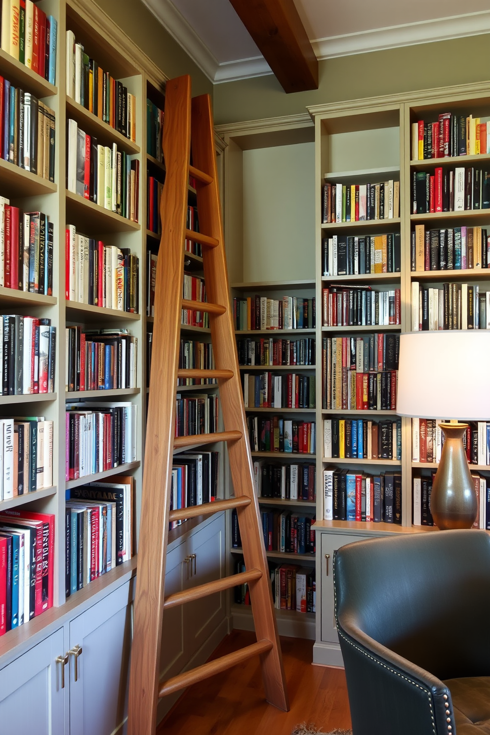 A cozy home library featuring a plush ottoman that serves as both a footrest and hidden storage. The walls are lined with bookshelves filled with a variety of books, and a comfortable armchair sits in the corner, inviting relaxation.