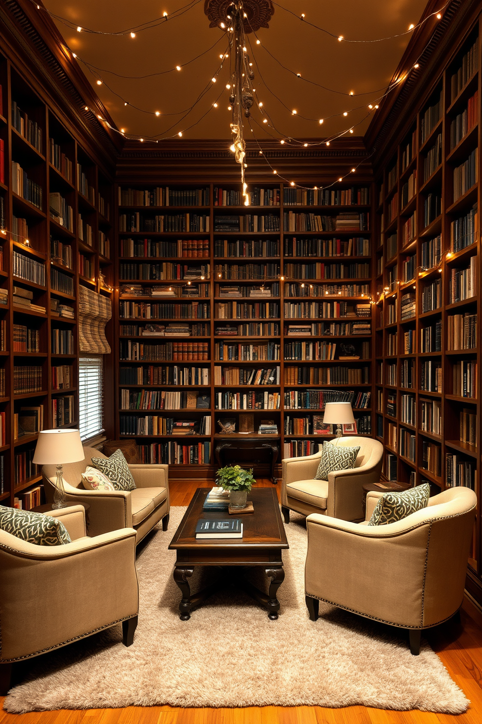 A cozy home library filled with rich wooden bookshelves that reach the ceiling. Soft armchairs are arranged around a vintage coffee table, creating an inviting reading nook. Mood lighting is provided by warm fairy lights draped along the shelves and ceiling. A plush area rug adds warmth to the space, while a small desk in the corner offers a perfect spot for writing or studying.