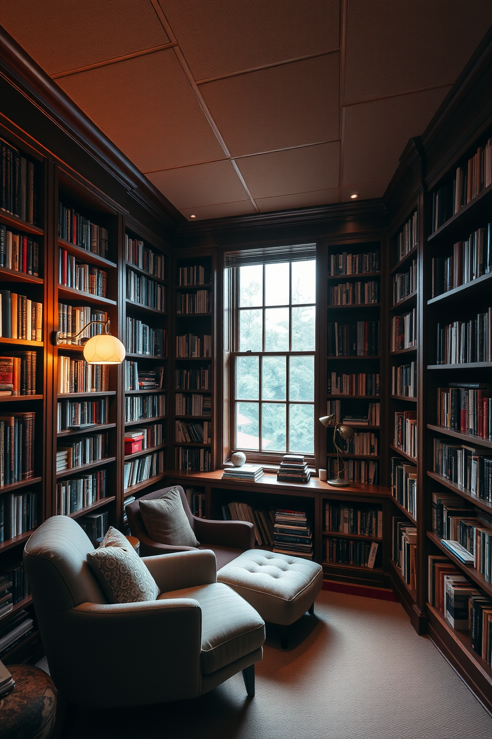 A cozy home library filled with acoustic panels for sound absorption. The walls are lined with rich wooden bookshelves, showcasing an extensive collection of books in various colors and sizes. A plush reading chair is positioned near a large window, inviting natural light to flood the space. Soft, warm lighting fixtures are strategically placed to create an inviting atmosphere for late-night reading sessions.