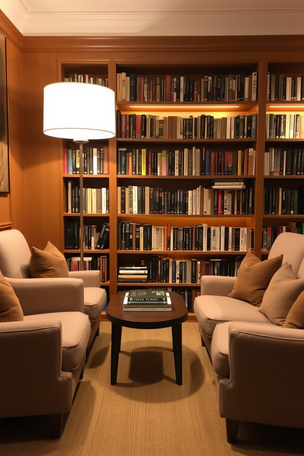 Plush armchairs upholstered in soft fabric are arranged around a low wooden coffee table in a cozy home library. Warm ambient lighting from a stylish floor lamp casts a gentle glow over the shelves filled with books, creating an inviting reading nook.