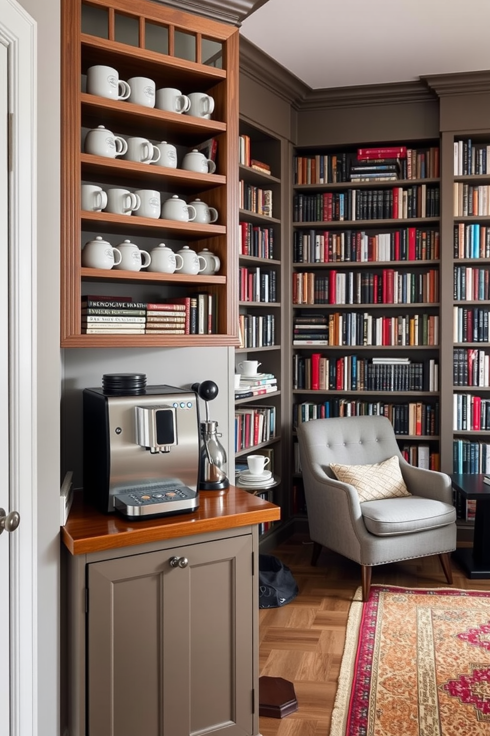 A cozy home library featuring floor-to-ceiling bookshelves filled with an array of books. A plush armchair is positioned near a large window, bathed in natural light, with a small side table holding scented candles to enhance the relaxing atmosphere. The walls are painted in a warm, inviting color, complemented by soft lighting fixtures that create a tranquil environment. A rich area rug lays beneath the armchair, adding comfort and warmth to the space.