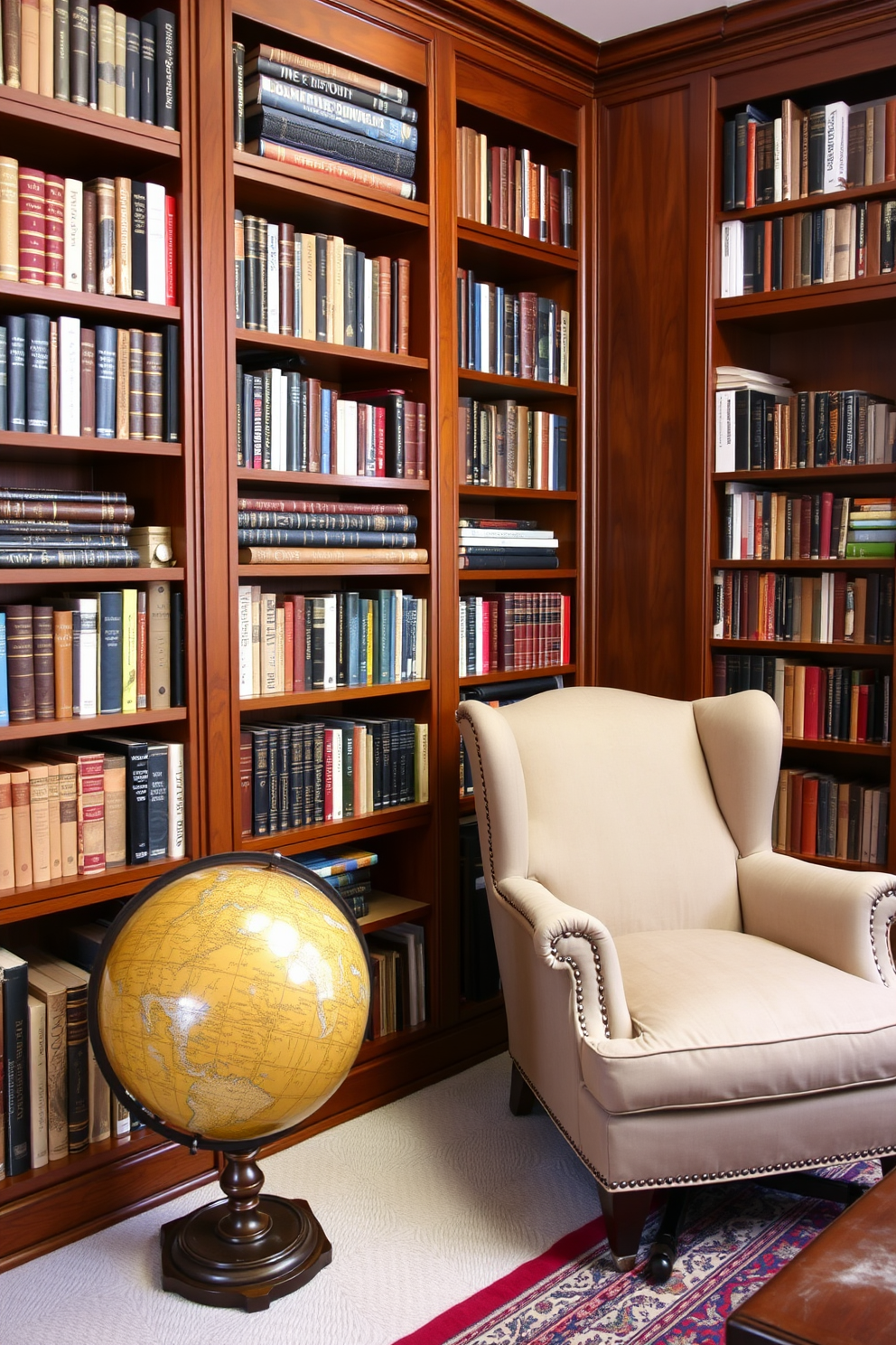 A cozy home library featuring rich wooden bookshelves filled with a variety of books. A plush armchair sits in the corner next to a classic globe, adding a scholarly touch to the inviting atmosphere.