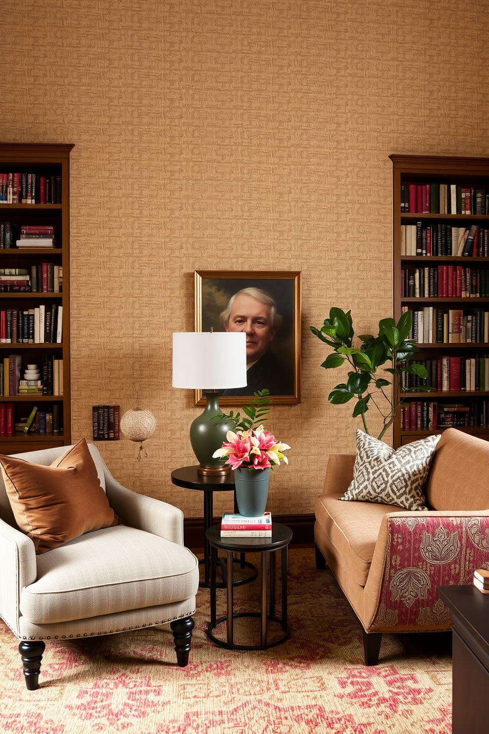 Textured wallpaper in soft earth tones adds depth and warmth to the cozy home library. Plush seating options with rich fabrics create inviting nooks for reading and relaxation.