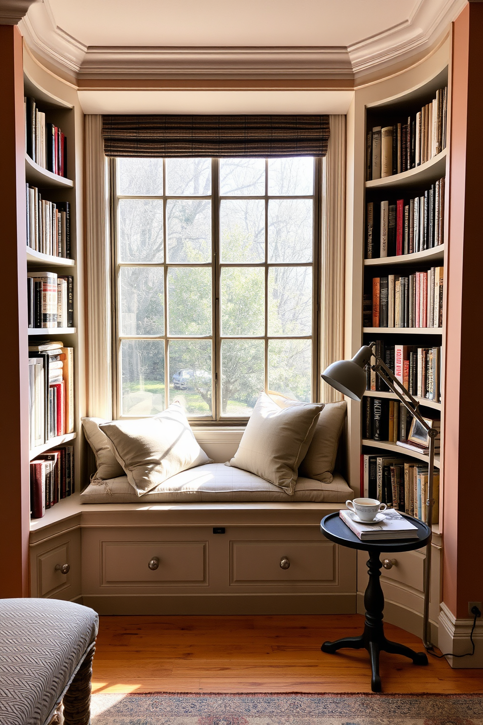 A cozy window seat designed for relaxation features plush cushions in soft, neutral tones. Surrounding the seat, built-in bookshelves are filled with an array of books and decorative items, creating an inviting reading nook. The walls are painted in a warm, earthy hue that complements the natural light streaming through the window. A small side table holds a steaming cup of tea and a reading lamp, enhancing the serene atmosphere of the home library.