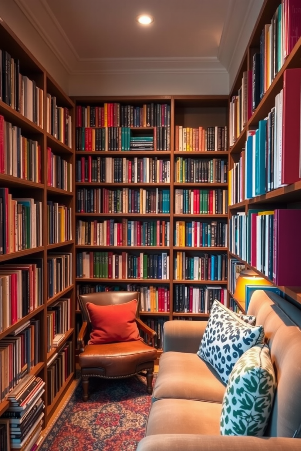 A cozy home library filled with colorful book displays that create a vibrant atmosphere. Shelves are lined with books of various sizes and colors, while a comfortable reading nook features plush seating and warm lighting.