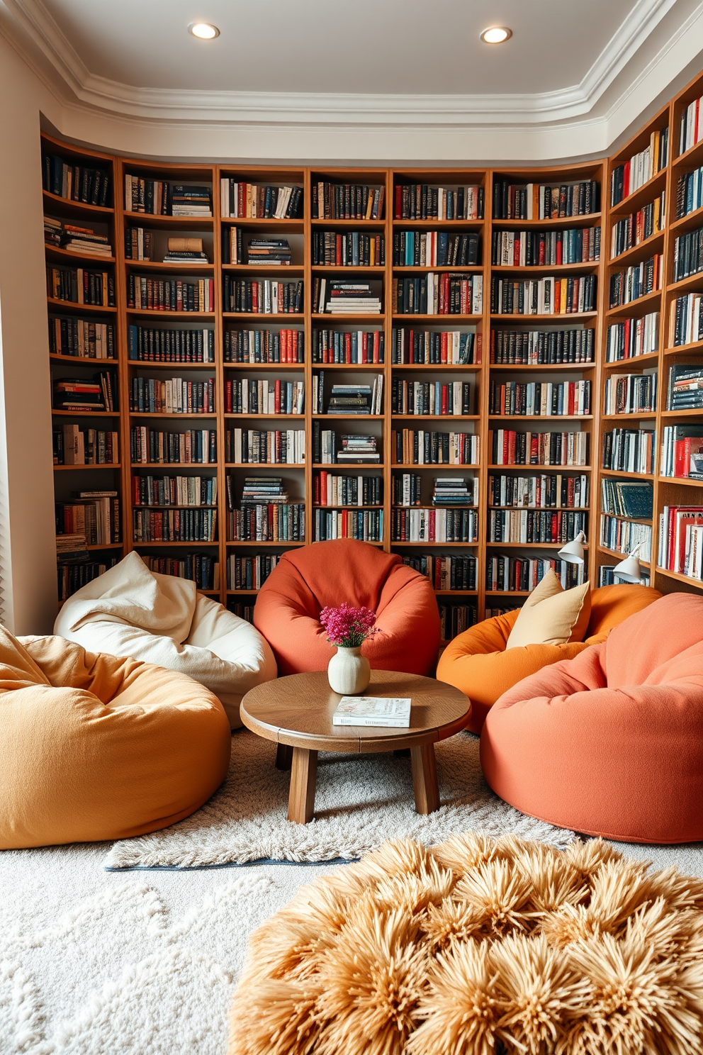 A cozy corner with bean bags. Soft, oversized bean bags in warm colors are arranged around a low wooden table, creating an inviting space for relaxation. Cozy home library design ideas. Shelves filled with books line the walls, while plush rugs and comfortable seating invite you to curl up with a good read.