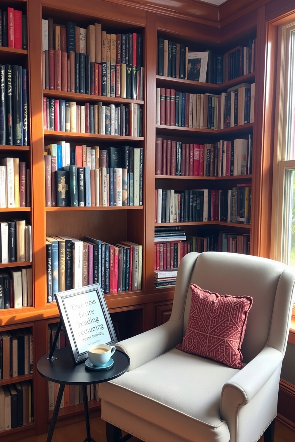 A cozy home library featuring books organized by color for a visually appealing aesthetic. The space includes comfortable seating with plush cushions and soft lighting to create a warm atmosphere.