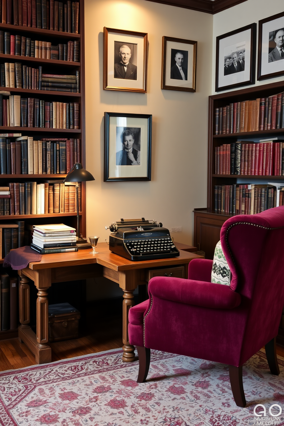 A vintage typewriter sits on a rustic wooden desk, surrounded by shelves filled with classic novels and leather-bound books. A plush armchair in a rich burgundy fabric invites you to settle in with a cup of tea, while warm lighting casts a soft glow over the space. The walls are adorned with framed black-and-white photographs, adding a touch of history to the cozy atmosphere. A patterned area rug lies beneath the desk, tying together the elements of nostalgia and comfort in this inviting home library.