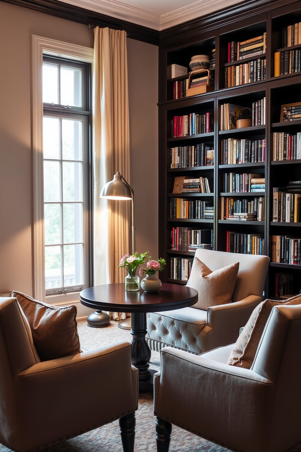 A small round table is placed in the center of a cozy home library. Surrounding the table are plush armchairs upholstered in soft fabric, creating an inviting atmosphere for relaxation and conversation. The walls are lined with dark wooden bookshelves filled with a variety of books and decorative items. Soft lighting from a stylish floor lamp casts a warm glow, enhancing the intimate feel of the space.