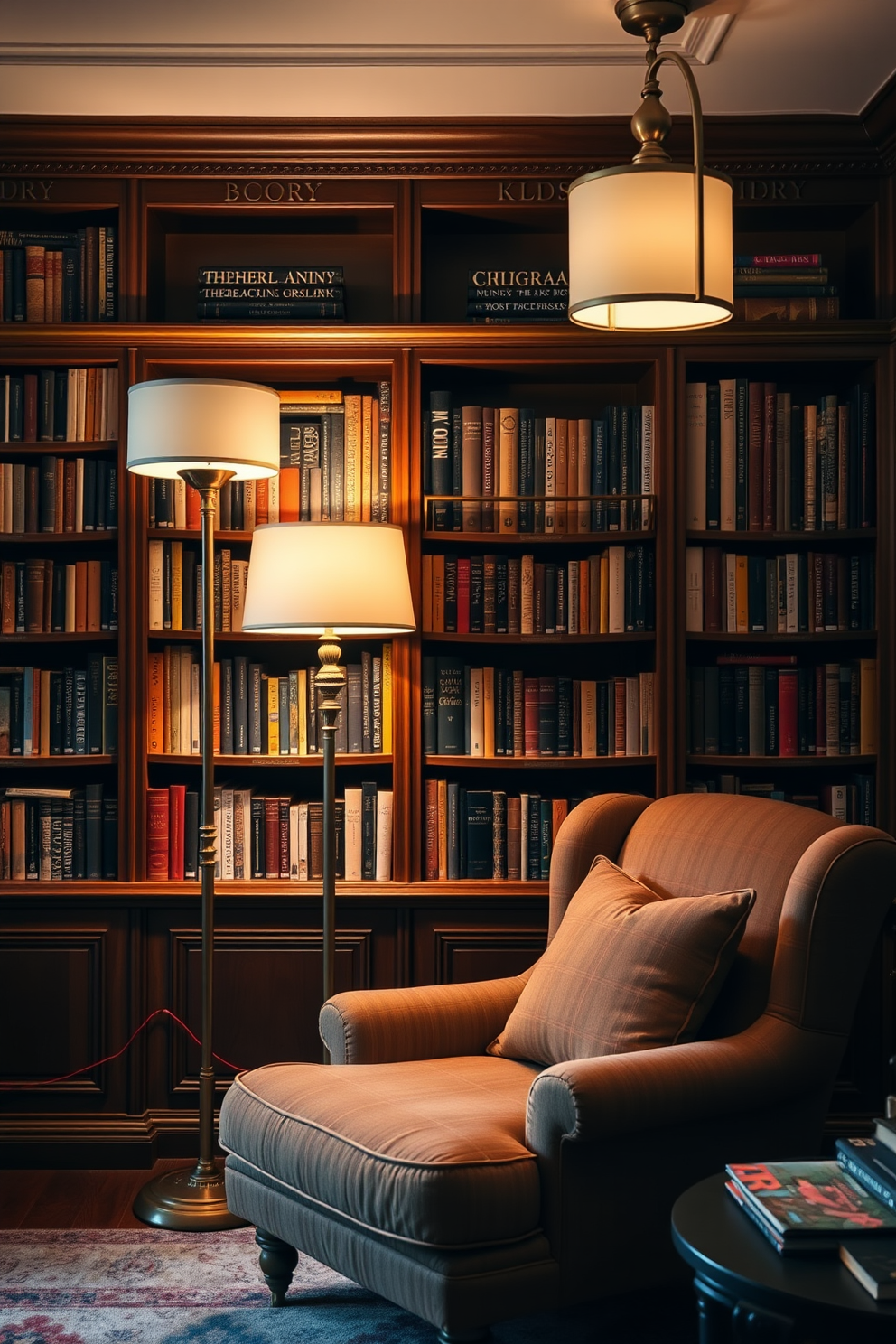 A cozy home library with soft lighting created by elegant floor lamps. The room features rich wooden bookshelves filled with a diverse collection of books and a plush reading chair in a warm fabric.