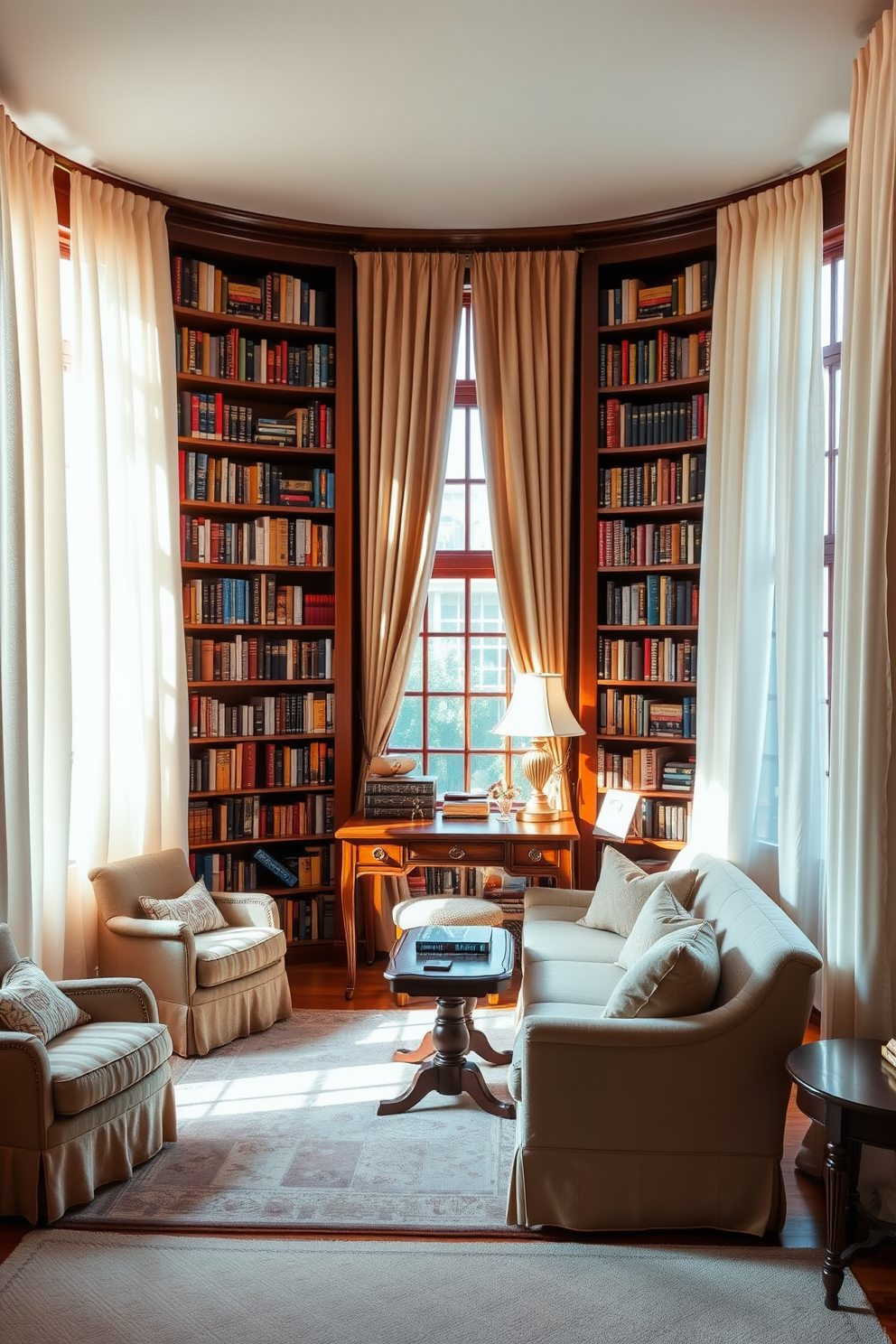 Soft curtains drape gracefully over large windows, filtering warm sunlight and creating a serene ambiance. The room features plush seating, surrounded by tall bookshelves filled with an array of books, inviting relaxation and quiet reading moments. A rich wooden desk is positioned near the window, adorned with a vintage lamp and a few decorative items. The walls are painted in a soothing color, complemented by a soft area rug that adds warmth to the cozy home library.