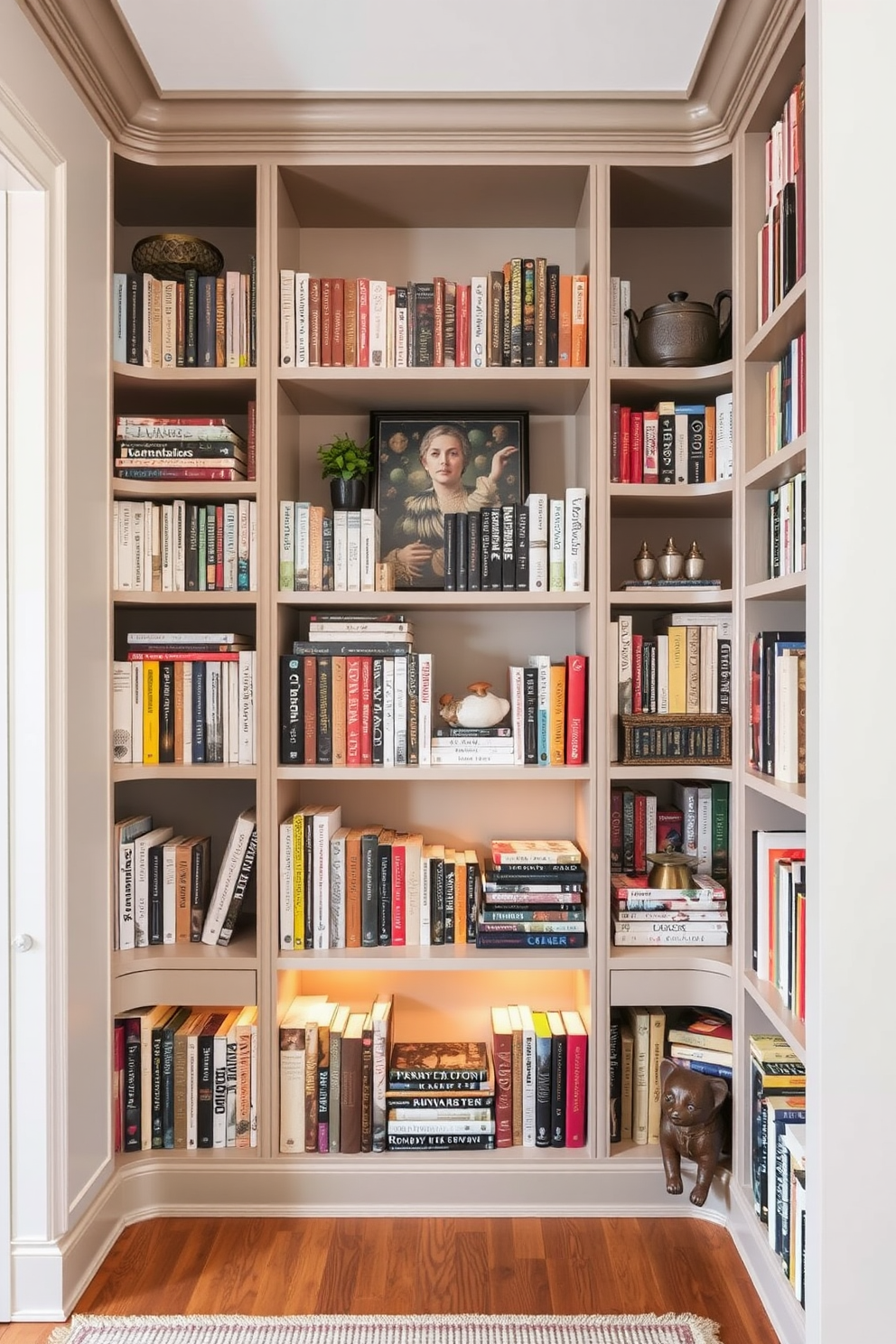 A cozy home library featuring built-in bookshelves that maximize space efficiency. The shelves are filled with a curated collection of books, accented by decorative items and warm lighting.