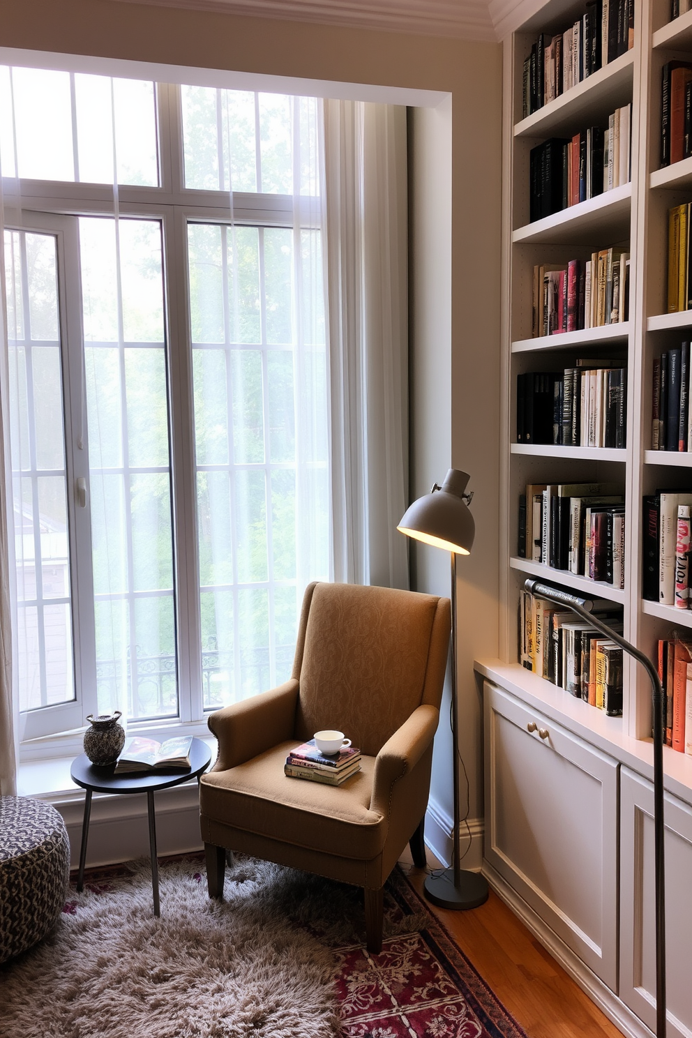 A cozy reading nook by a large window with soft natural light filtering through sheer curtains. A comfortable armchair upholstered in a warm fabric is positioned next to a small side table, adorned with a stack of books and a steaming cup of tea. The walls are lined with built-in bookshelves filled with an eclectic collection of books and decorative items. A plush area rug underfoot adds warmth to the space, while a floor lamp provides additional light for late-night reading sessions.