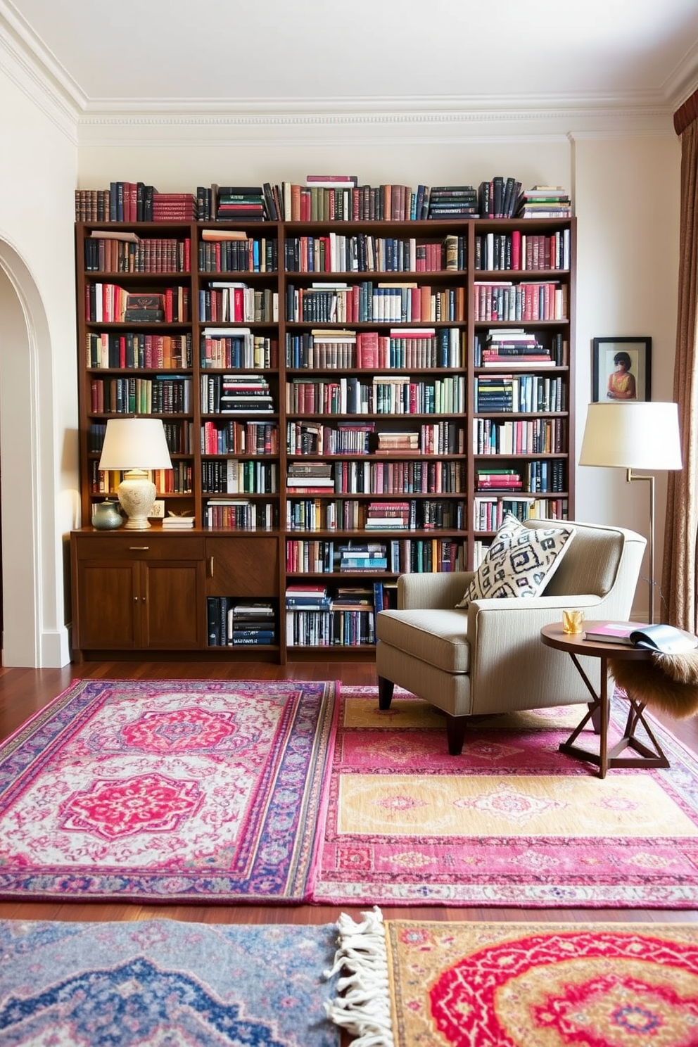 A cozy home library featuring layered rugs to add warmth and texture. The space includes a large bookshelf filled with books, a comfortable armchair, and soft lighting to create an inviting atmosphere.