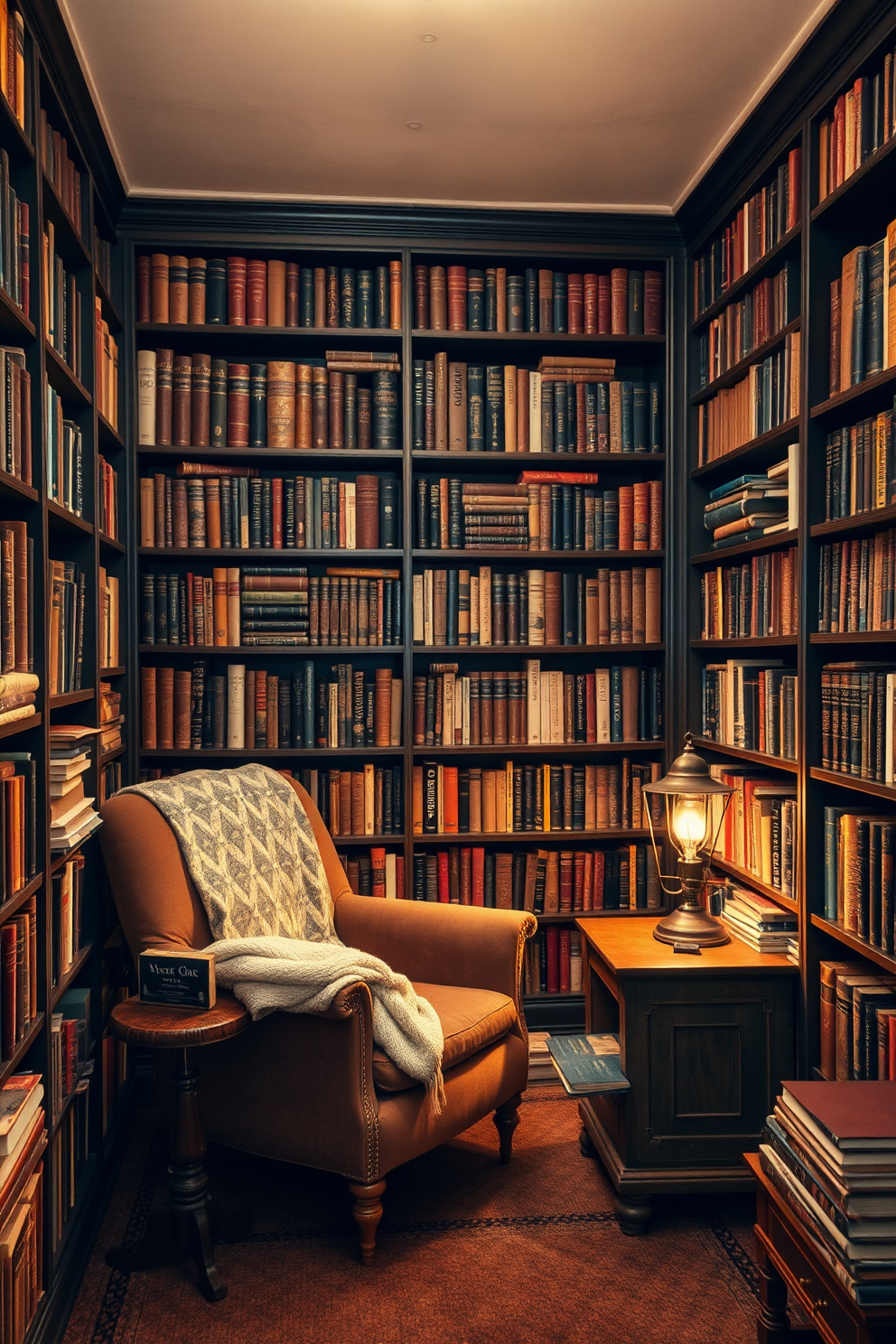 A cozy home library filled with vintage decor. The walls are lined with dark wooden bookshelves, overflowing with books of all sizes and colors. A plush armchair sits in the corner, draped with a soft throw blanket. A small wooden side table holds a steaming cup of tea and a vintage lamp, casting a warm glow over the space.