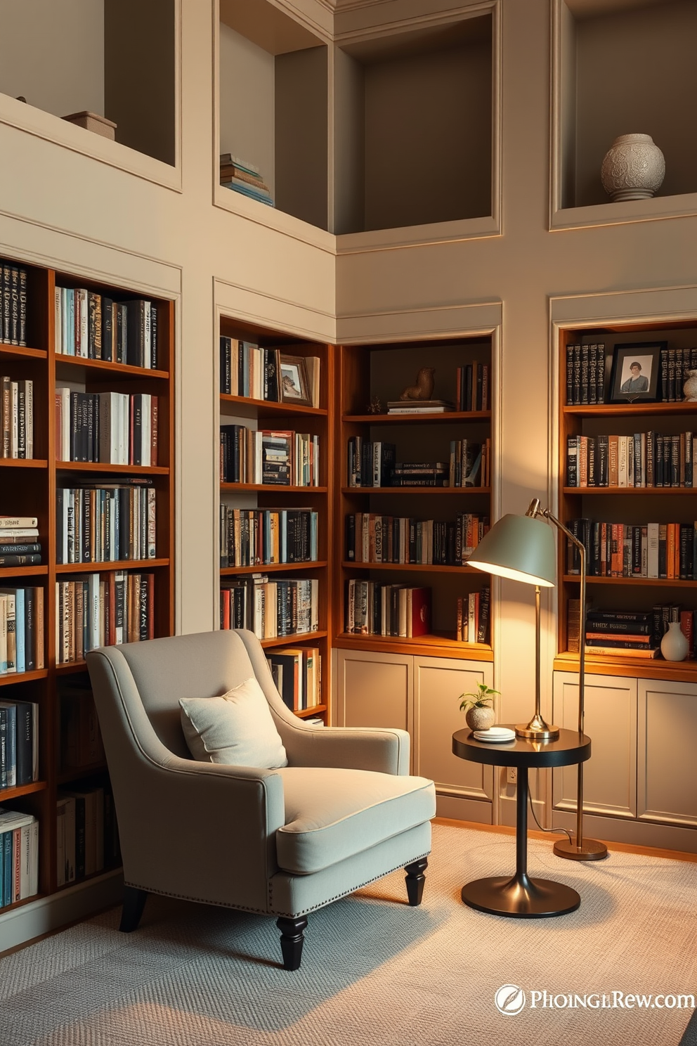 A cozy home library featuring a neutral color palette that promotes tranquility. Soft beige walls complement rich wooden bookshelves filled with an array of books and decorative items. A comfortable reading nook is created with a plush armchair and a small side table. Warm lighting from a stylish floor lamp enhances the inviting atmosphere, making it the perfect space to unwind and read.