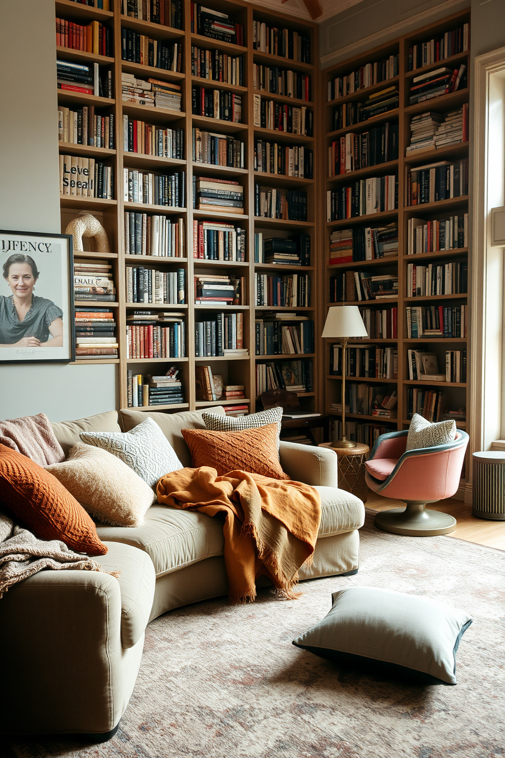 Cozy throws and pillows are scattered across a plush sectional sofa, inviting relaxation and warmth. Soft textures in muted earth tones create an inviting atmosphere, while a large area rug anchors the space. The home library features floor-to-ceiling bookshelves filled with an eclectic mix of books and decorative items. A comfortable reading nook with a vintage armchair and a small side table is positioned near a window, bathed in natural light.