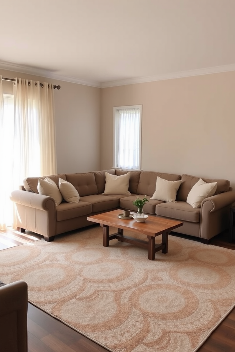 A warm neutral color palette envelops the living room, creating an inviting and serene atmosphere. Plush furniture in soft tones is arranged around a central coffee table, with decorative throw pillows adding texture and comfort. Natural light streams through large windows, illuminating the space and highlighting the subtle variations in the wall color. A cozy area rug anchors the seating arrangement, while curated artwork adorns the walls, enhancing the room's aesthetic appeal.