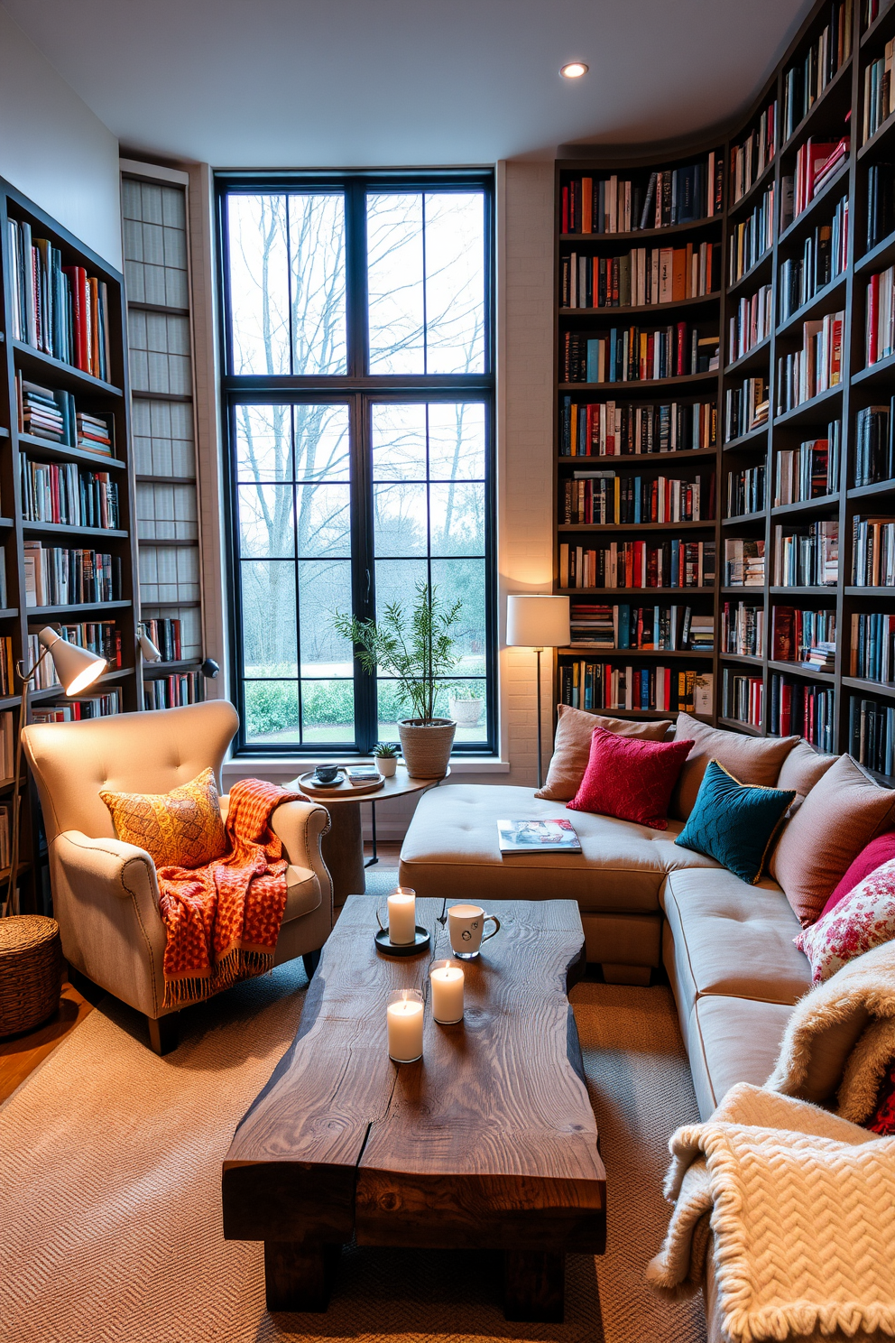 A cozy living room setting featuring a plush sectional sofa adorned with colorful throw pillows. A large indoor plant stands in the corner, bringing a touch of nature and freshness to the space. The walls are painted in a warm beige tone, complemented by wooden shelves displaying books and decorative items. A soft area rug lies beneath a stylish coffee table, creating an inviting atmosphere for relaxation and gatherings.