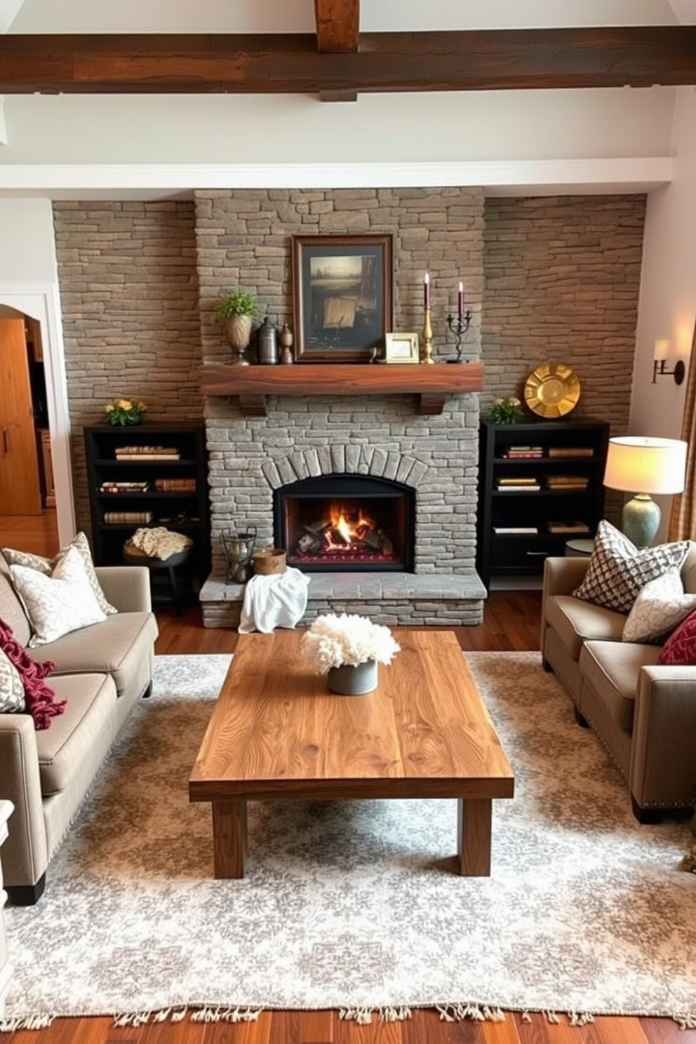 A cozy living room design featuring a fireplace as the focal point. The fireplace is surrounded by a rustic stone facade with a wooden mantel adorned with decorative items. Plush seating options like a deep sectional sofa and oversized armchairs create an inviting atmosphere. Soft throw blankets and a mix of patterned cushions add warmth and texture to the space. A large area rug anchors the seating arrangement, while a coffee table made of reclaimed wood serves as a functional centerpiece. Warm lighting from stylish floor lamps and wall sconces enhances the cozy ambiance.