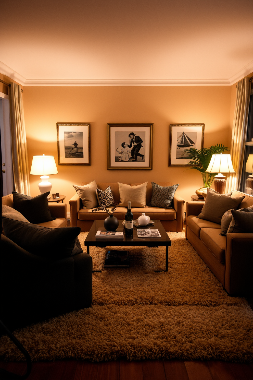 A cozy living room featuring oversized cushions in various textures and colors. The space is adorned with a plush area rug and a warm, inviting color palette that creates a relaxed atmosphere. A stylish coffee table sits at the center, surrounded by comfortable seating arrangements. Soft lighting from table lamps enhances the intimate feel of the room, making it perfect for relaxation or entertaining guests.