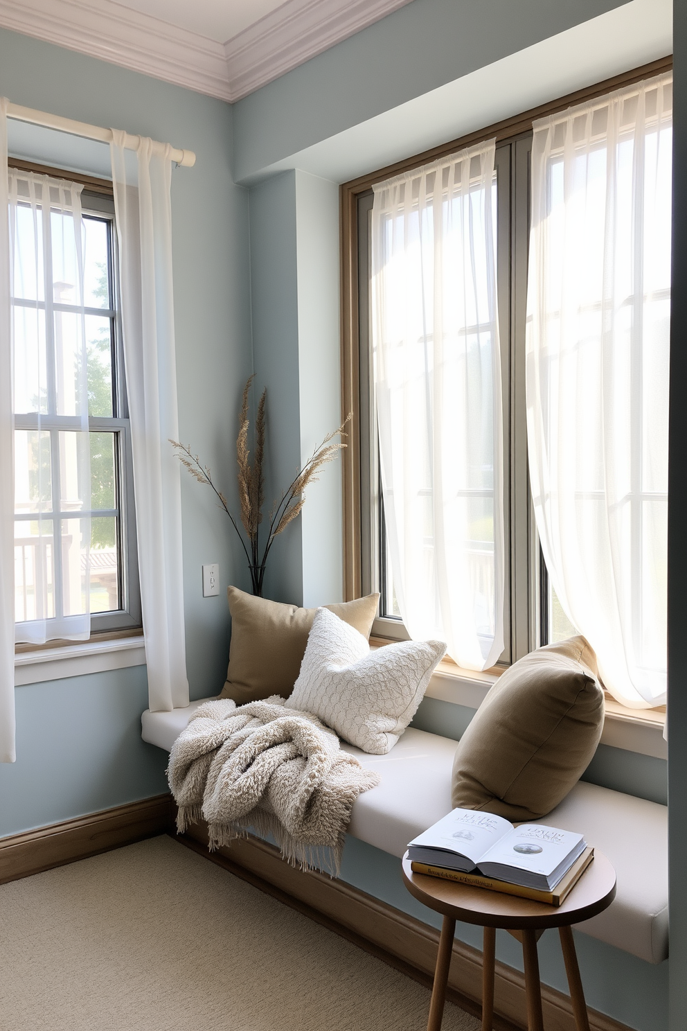 A serene window seat area filled with soft cushions and a plush throw blanket invites relaxation. Natural light floods the space through large windows, framed by sheer white curtains that flutter gently in the breeze. The surrounding walls are painted in a calming light blue, enhancing the tranquil atmosphere. A small side table holds a steaming cup of tea and a stack of favorite books, creating a perfect nook for quiet moments.