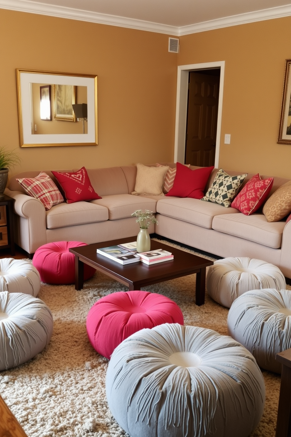 A cozy living room with soft, plush poufs scattered around a low coffee table. The walls are painted in a warm beige tone, complemented by a large, inviting sofa adorned with colorful throw pillows.