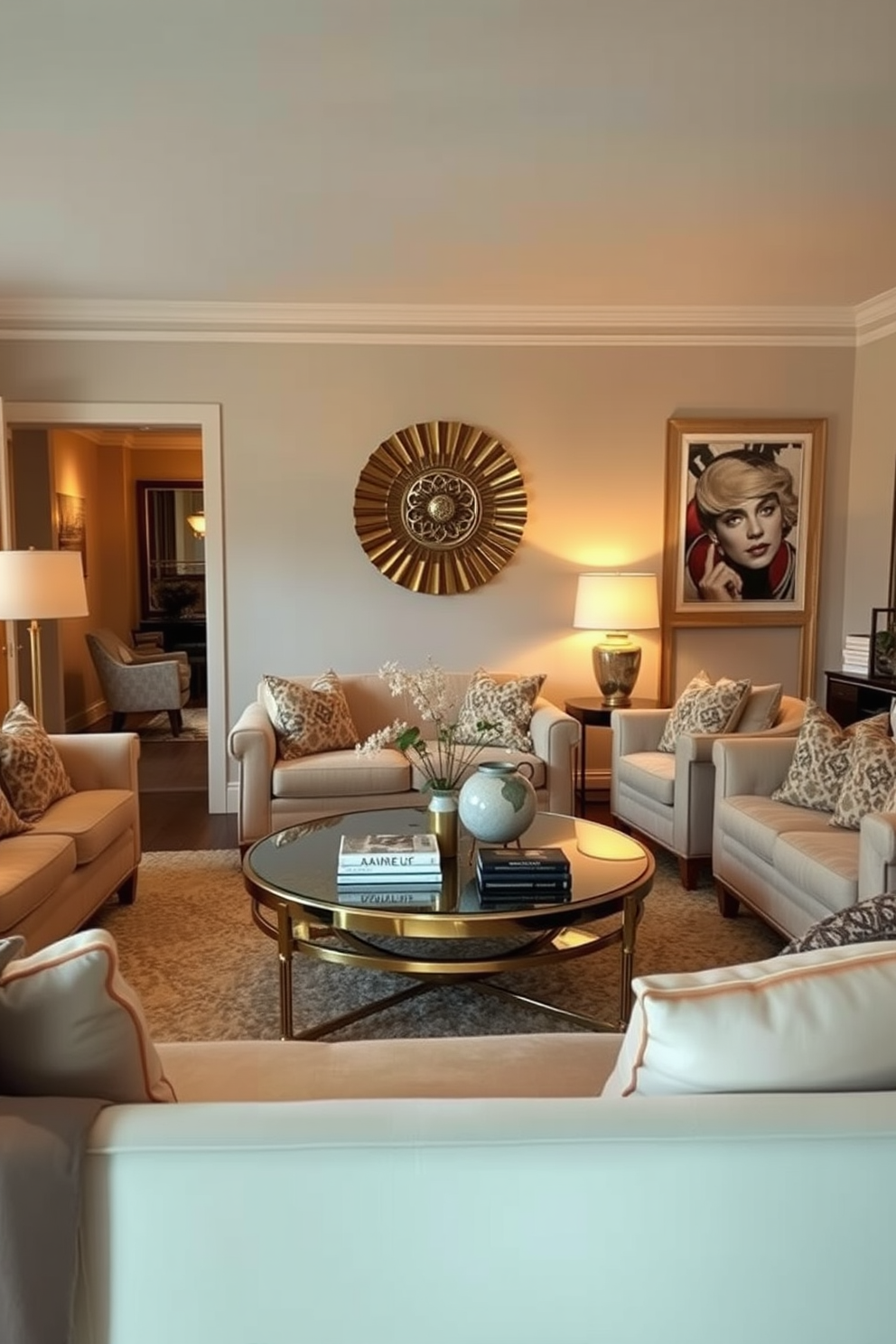 Warm metallic accents like brass create an inviting atmosphere in a cozy living room. Plush furniture in soft fabrics is arranged around a central coffee table, complemented by warm lighting from stylish floor lamps.