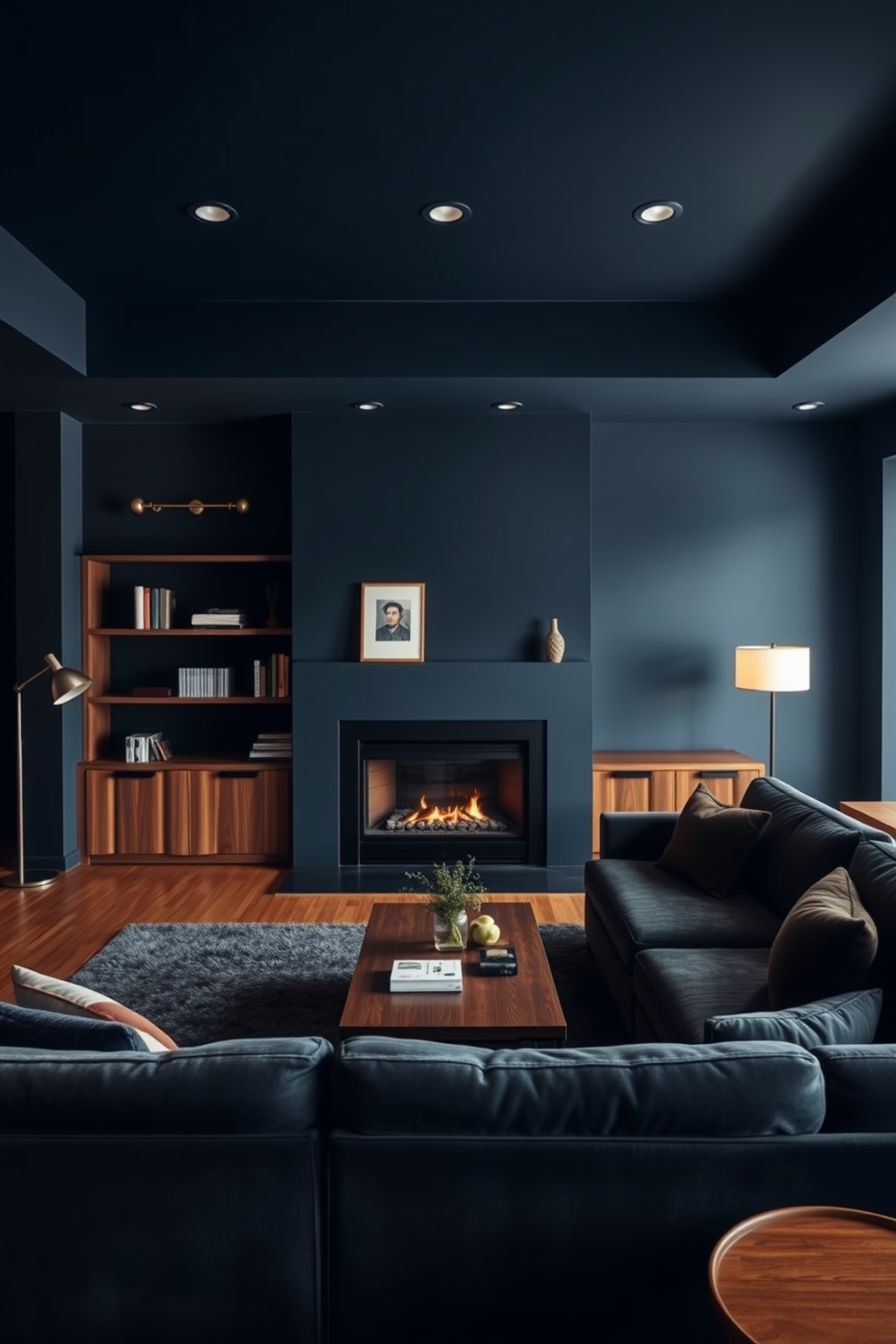 A cozy living room with dark walls painted in deep navy blue creates a cocoon-like atmosphere. A plush sectional sofa upholstered in soft velvet faces a modern fireplace, adding warmth and comfort to the space. Rich wooden accents, such as a coffee table and bookshelves, contrast beautifully with the dark color scheme. Soft, ambient lighting from stylish floor lamps casts a gentle glow, enhancing the inviting ambiance of the room.