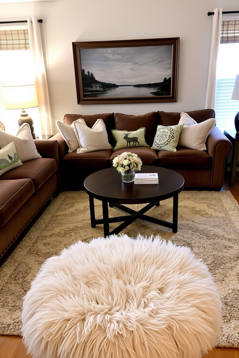 A cozy living room with a plush sectional sofa adorned with an array of colorful throw pillows. A soft area rug anchors the space, while a wooden coffee table adds warmth and character to the room. The walls are painted in a soft beige, creating a calming backdrop for the vibrant decor. A combination of woven baskets and decorative shelves displays books and plants, enhancing the inviting atmosphere.